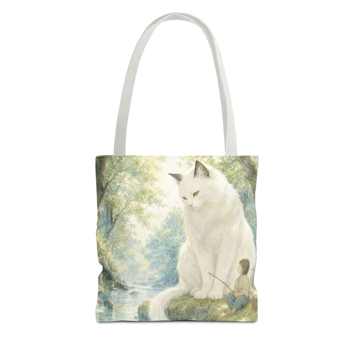 By the Stream, She Watches — Guardian Cat & Child Tote Bag