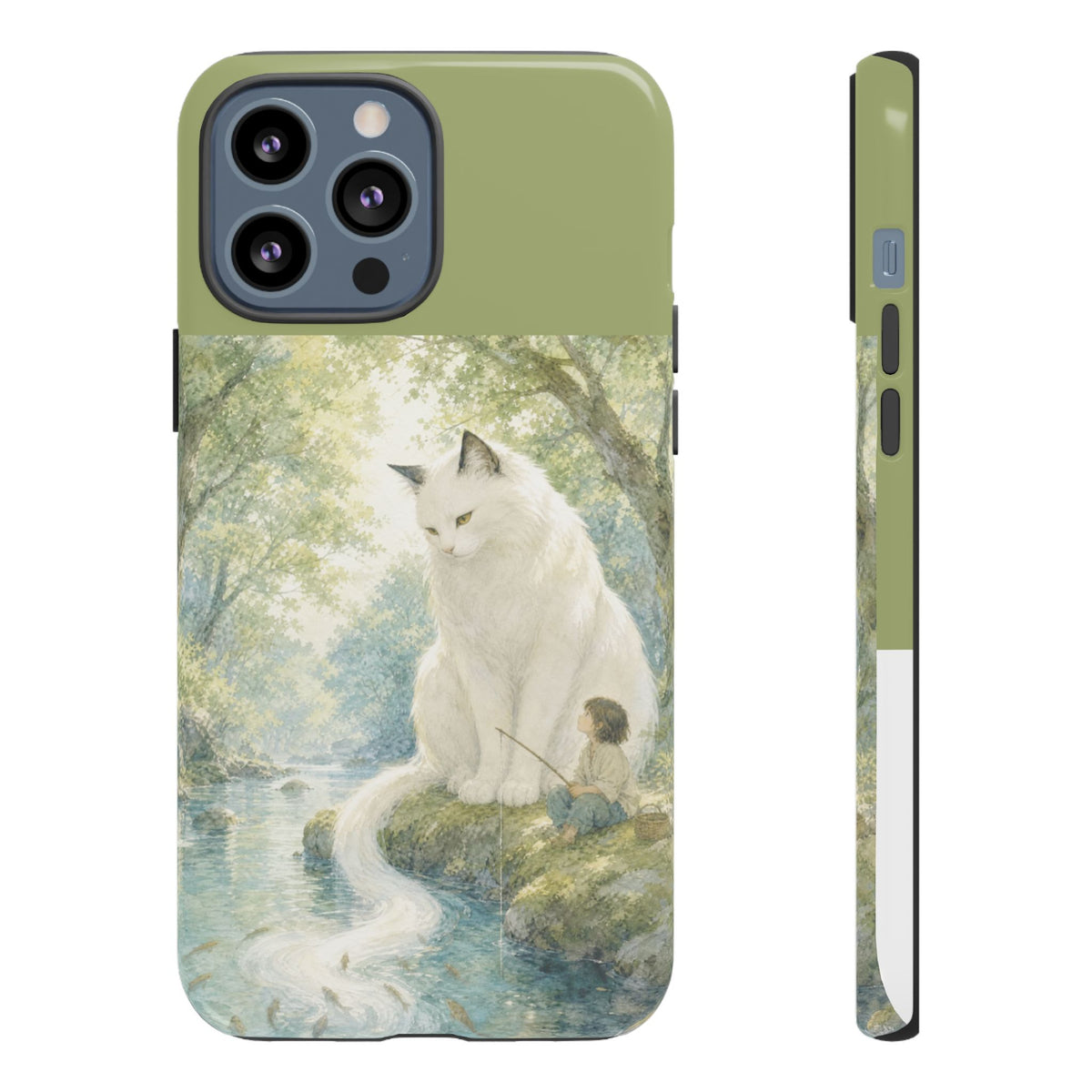 By the Stream, She Watches — Guardian Cat & Child iPhone Case