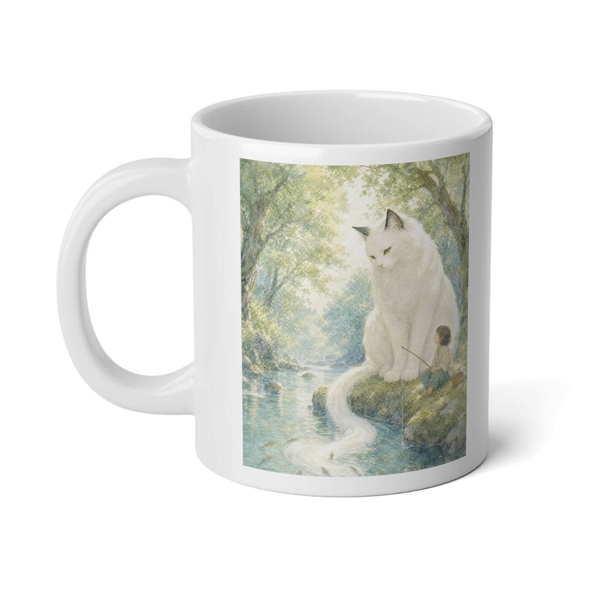 By the Stream, She Watches — Guardian Cat & Child Jumbo Mug, 20oz