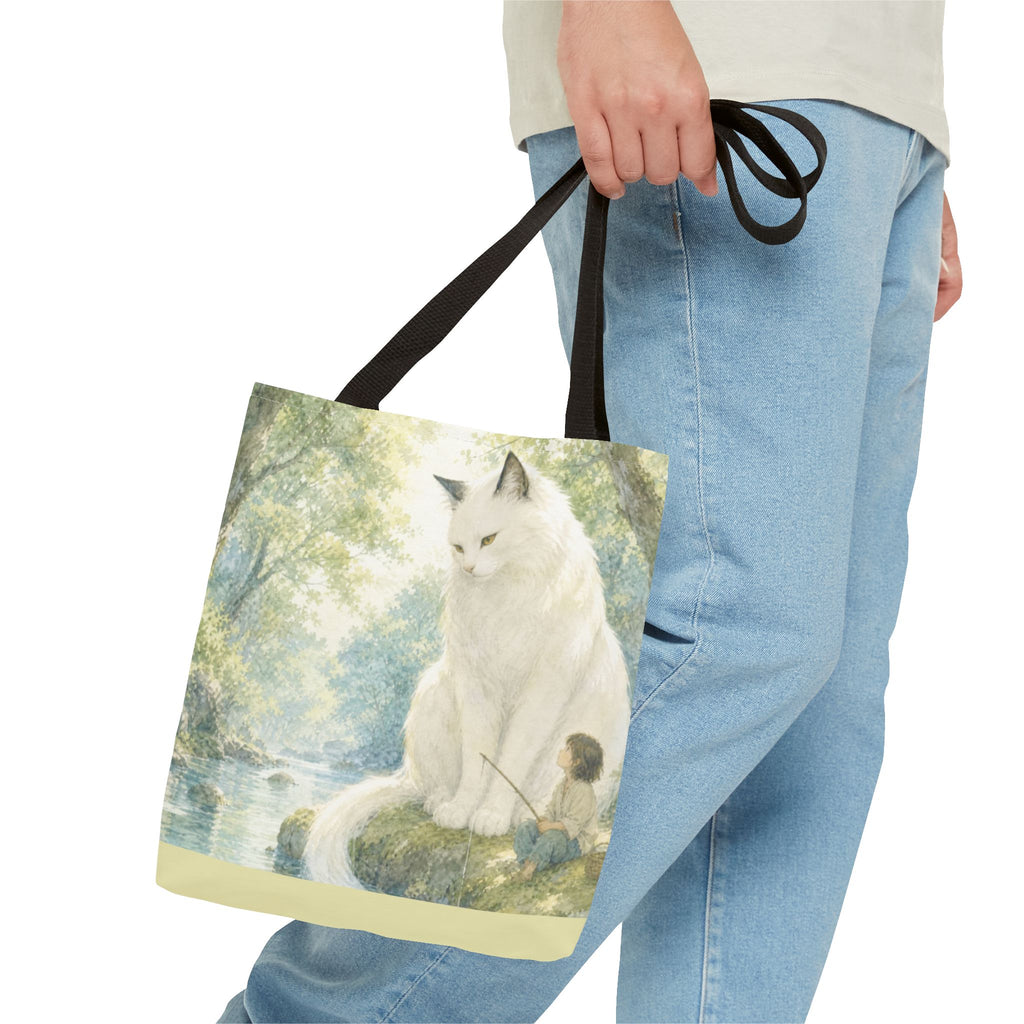 By the Stream, She Watches — Guardian Cat & Child Tote Bag