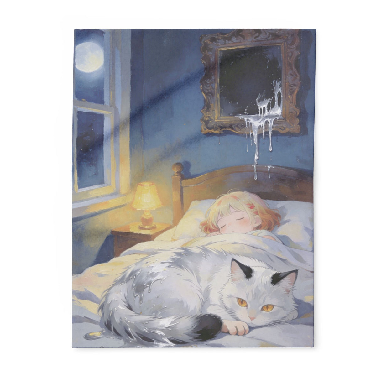 Cozy Moonlit Cat Fleece Blanket — Child Sleeping with Cat Nightscape Throw