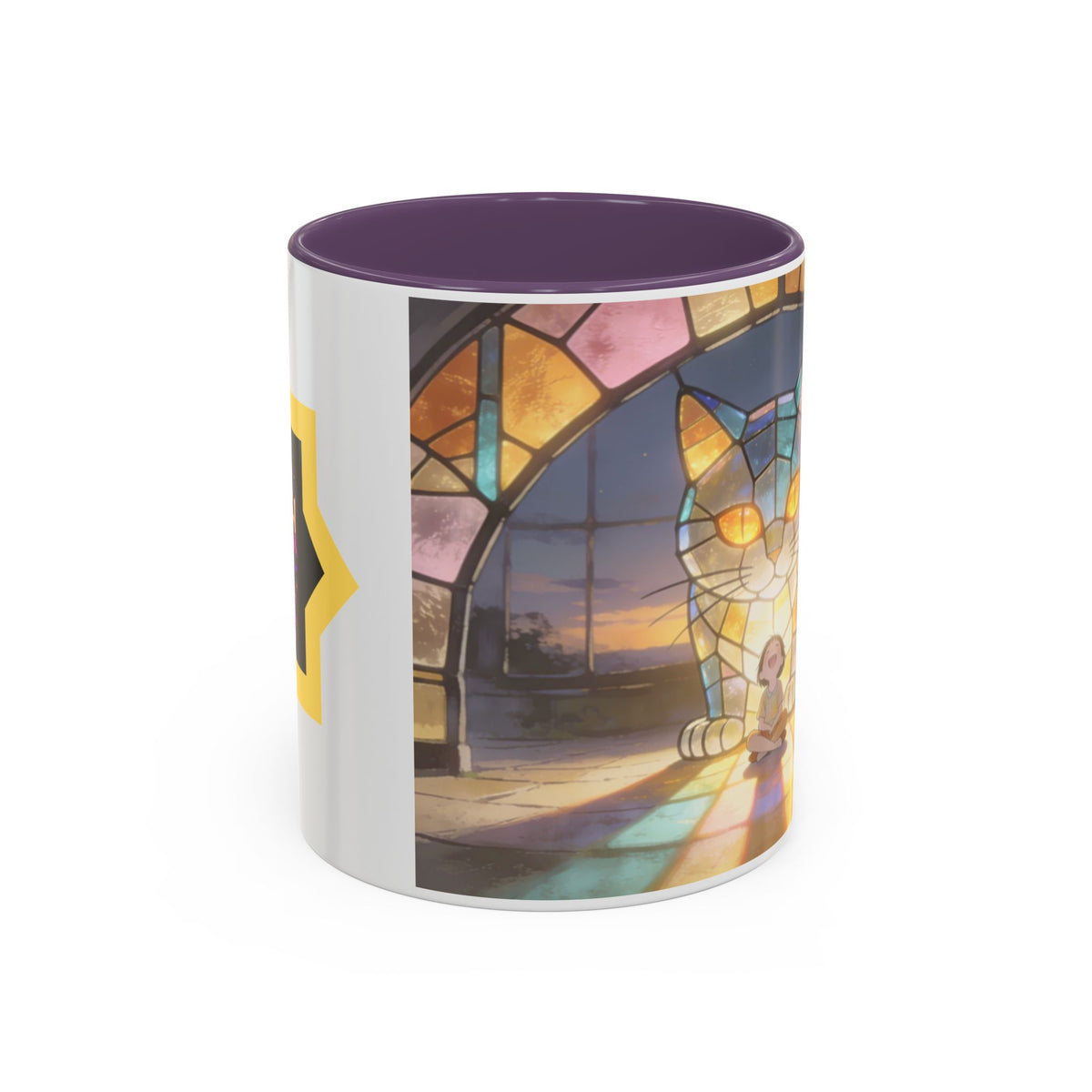 Glasslight Watch — Stained Glass Guardian Cat Accent Mug, 11 or 15 oz