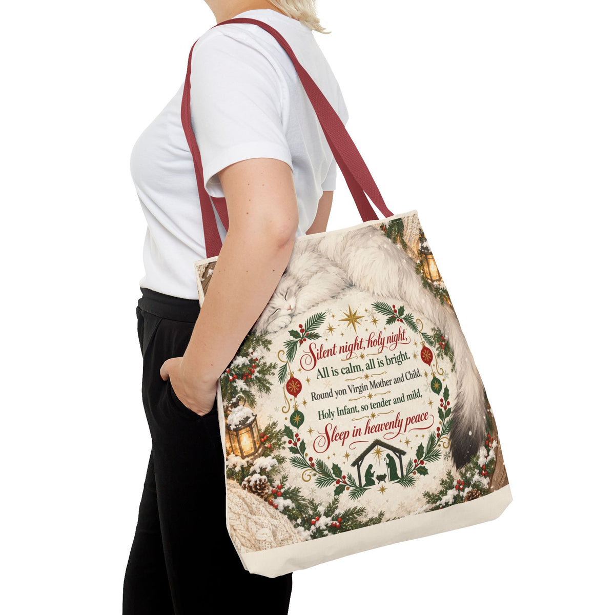 Silent Night Carol — Two-Sided Holiday Tote (Happy Holidays Snowy Wreath)
