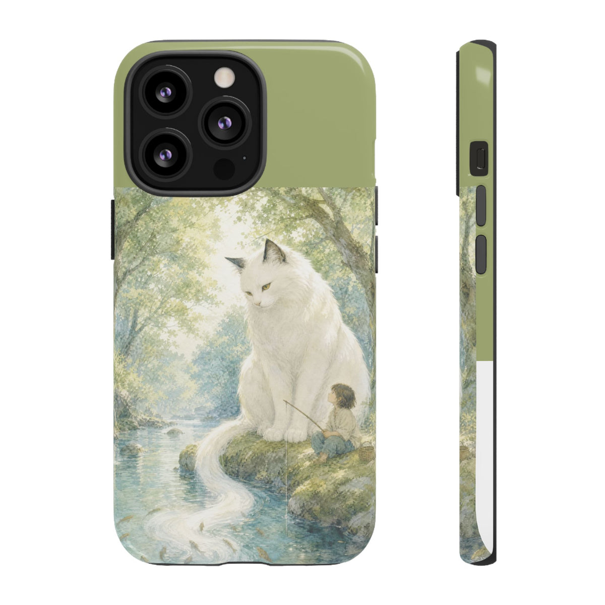 By the Stream, She Watches — Guardian Cat & Child iPhone Case
