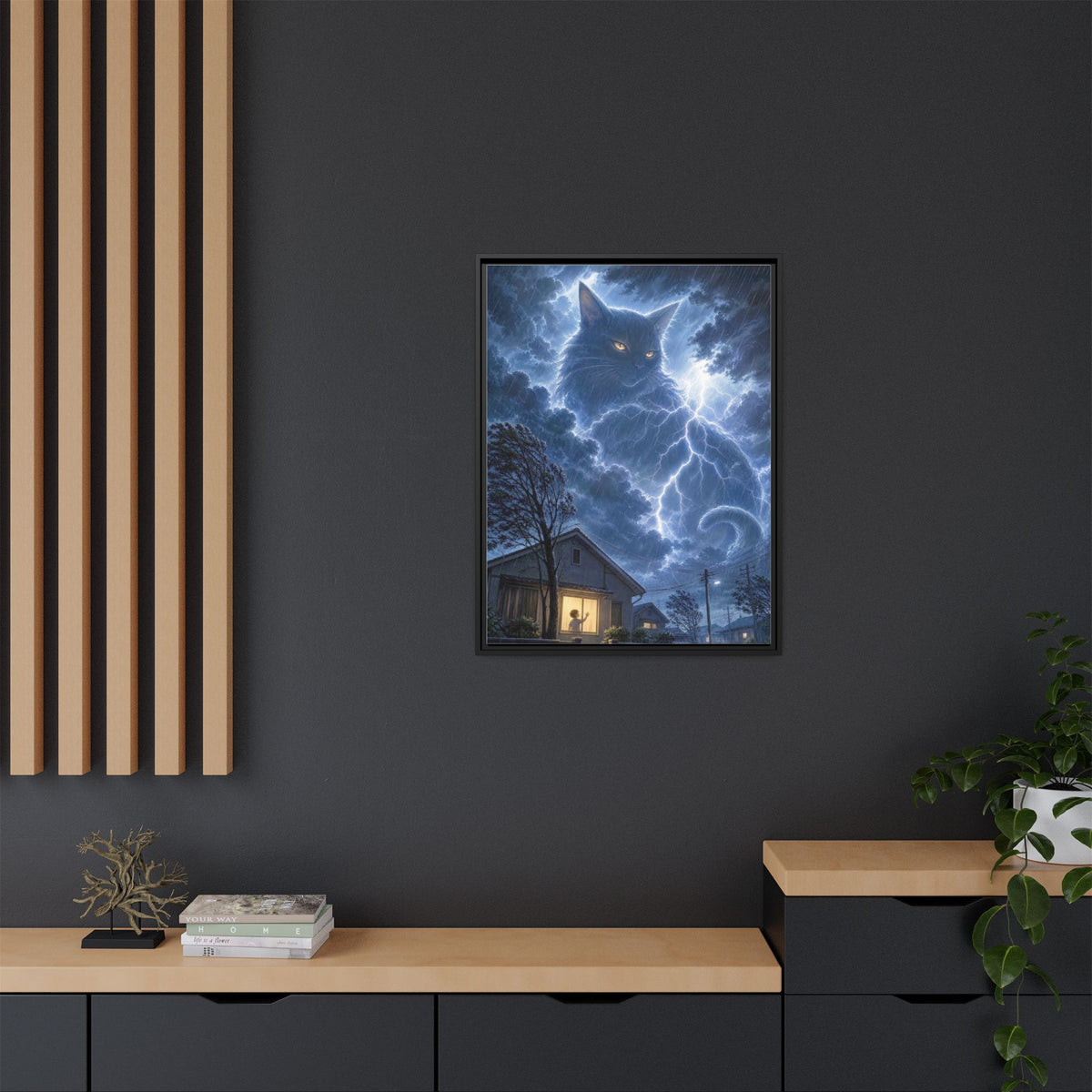 Never Fear the Storm — Lightning Cat Framed Matte Canvas