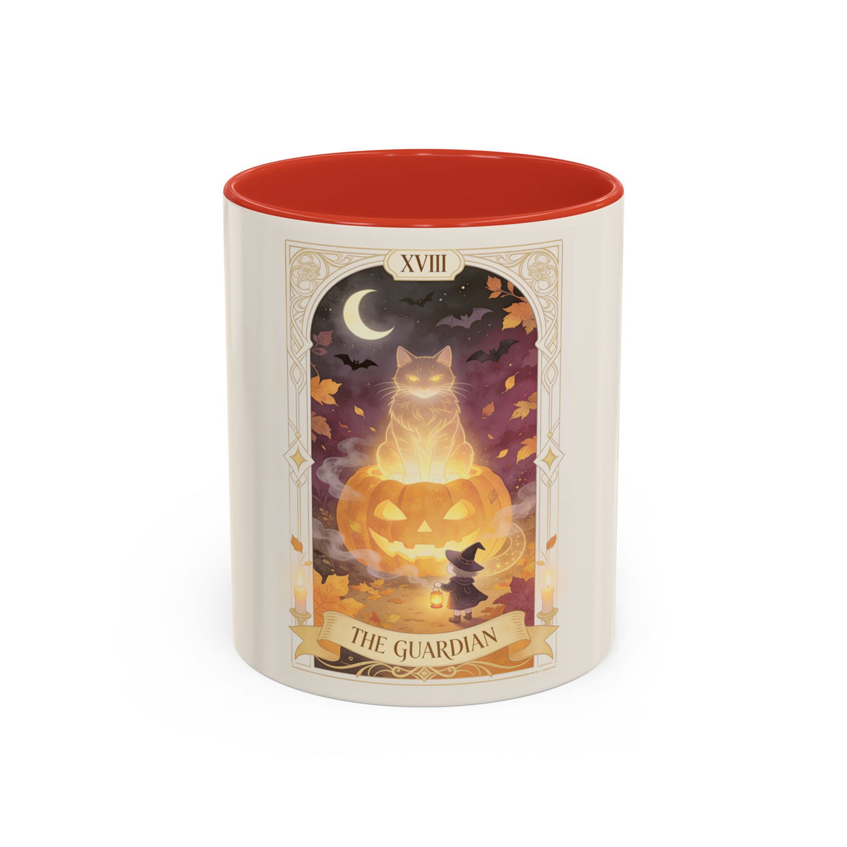 Card XVIII Draws Close — Guardian Tarot Cat & Pumpkin Accent Mug, 11 or 15 oz
