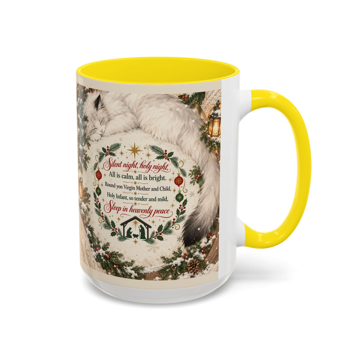 Silent Night Carol — Christmas Cat Accent Mug (11oz / 15oz)