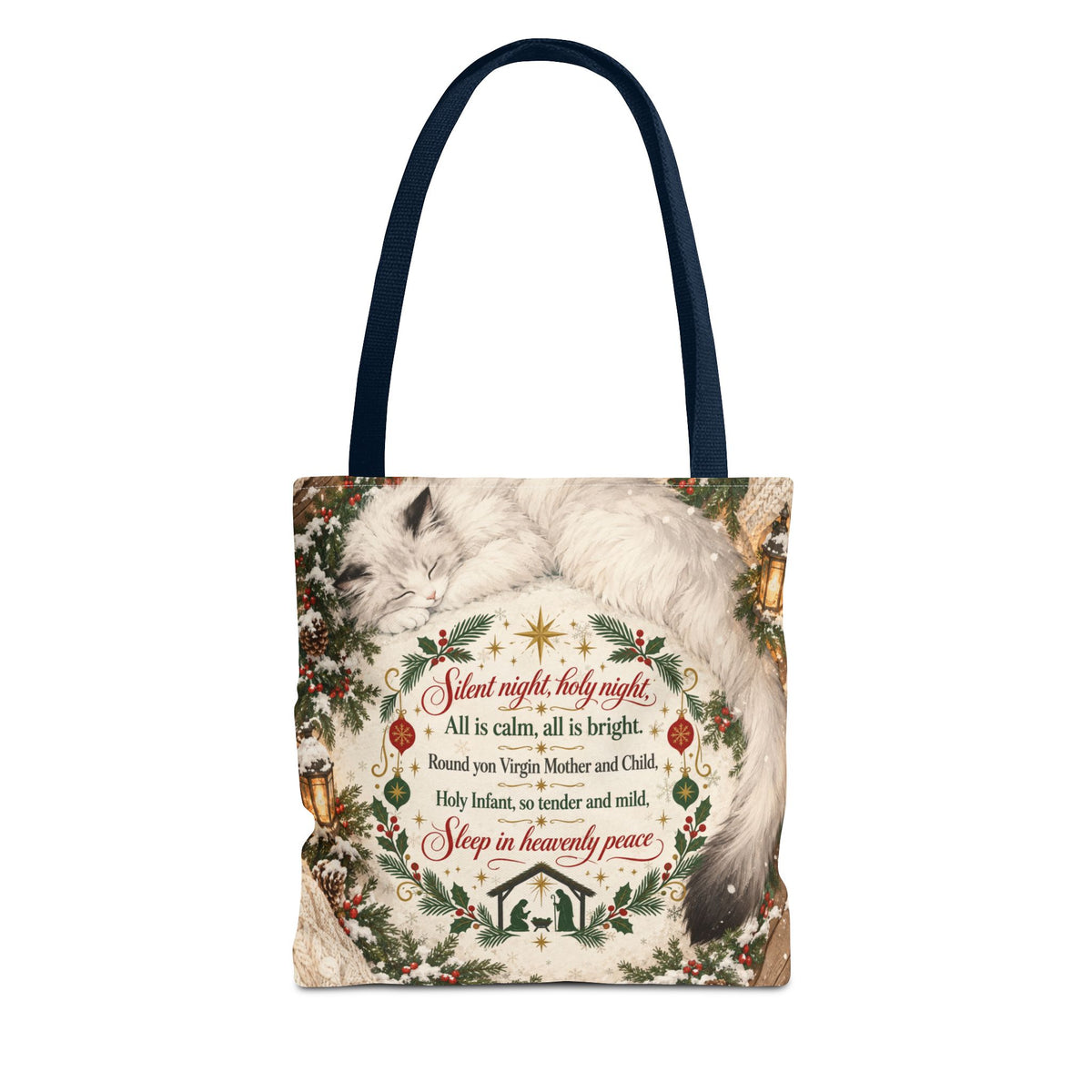Silent Night Carol — Two-Sided Holiday Tote (Happy Holidays Snowy Wreath)