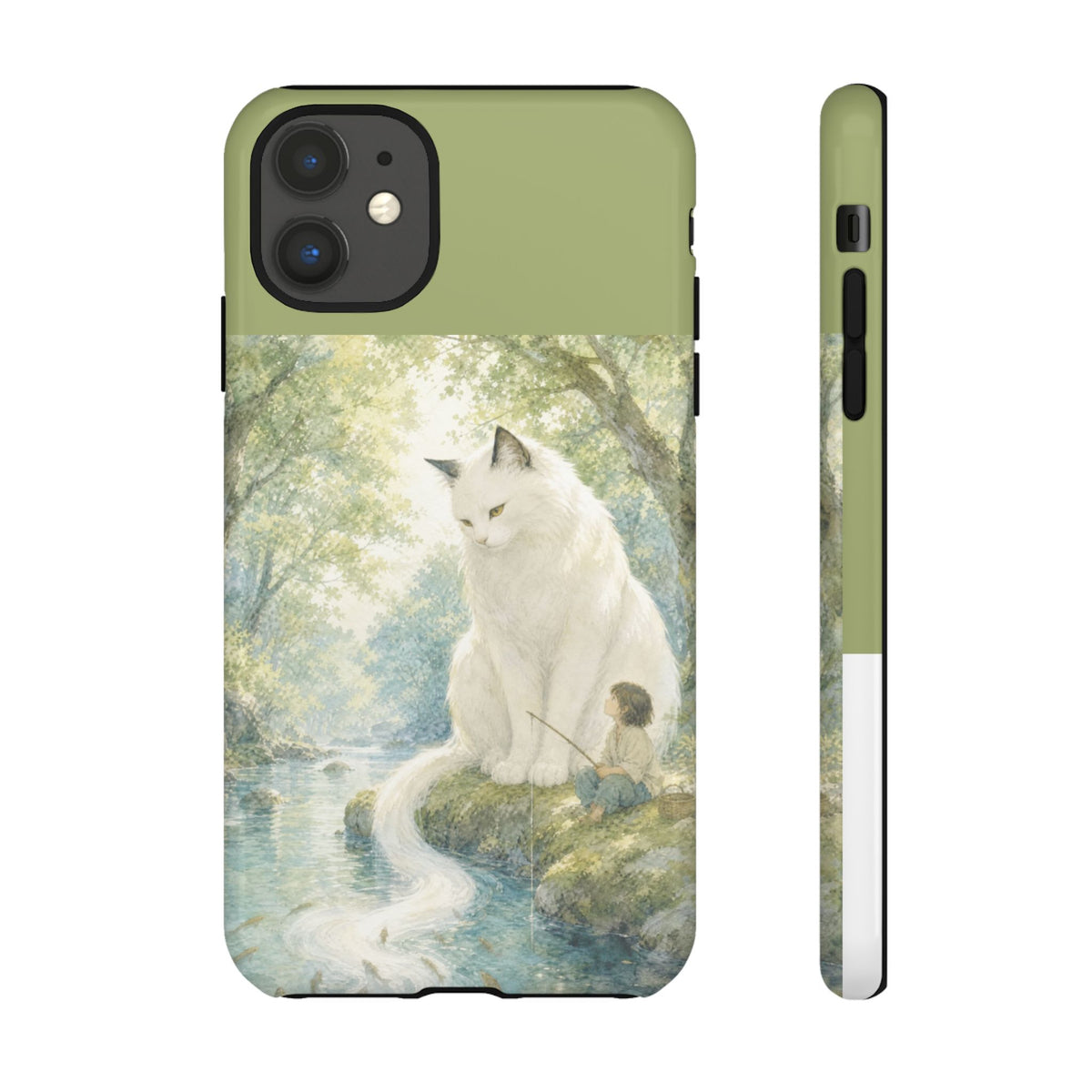 By the Stream, She Watches — Guardian Cat & Child iPhone Case