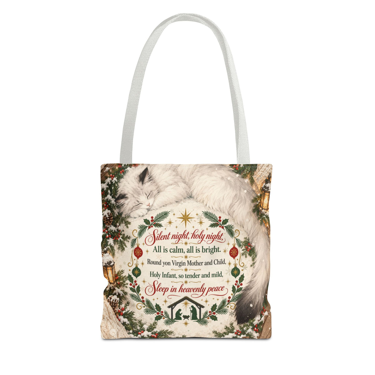 Silent Night Carol — Two-Sided Holiday Tote (Happy Holidays Snowy Wreath)