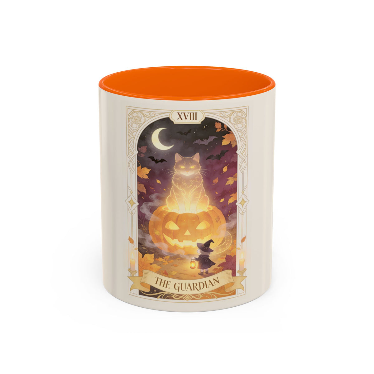 Card XVIII Draws Close — Guardian Tarot Cat & Pumpkin Accent Mug, 11 or 15 oz
