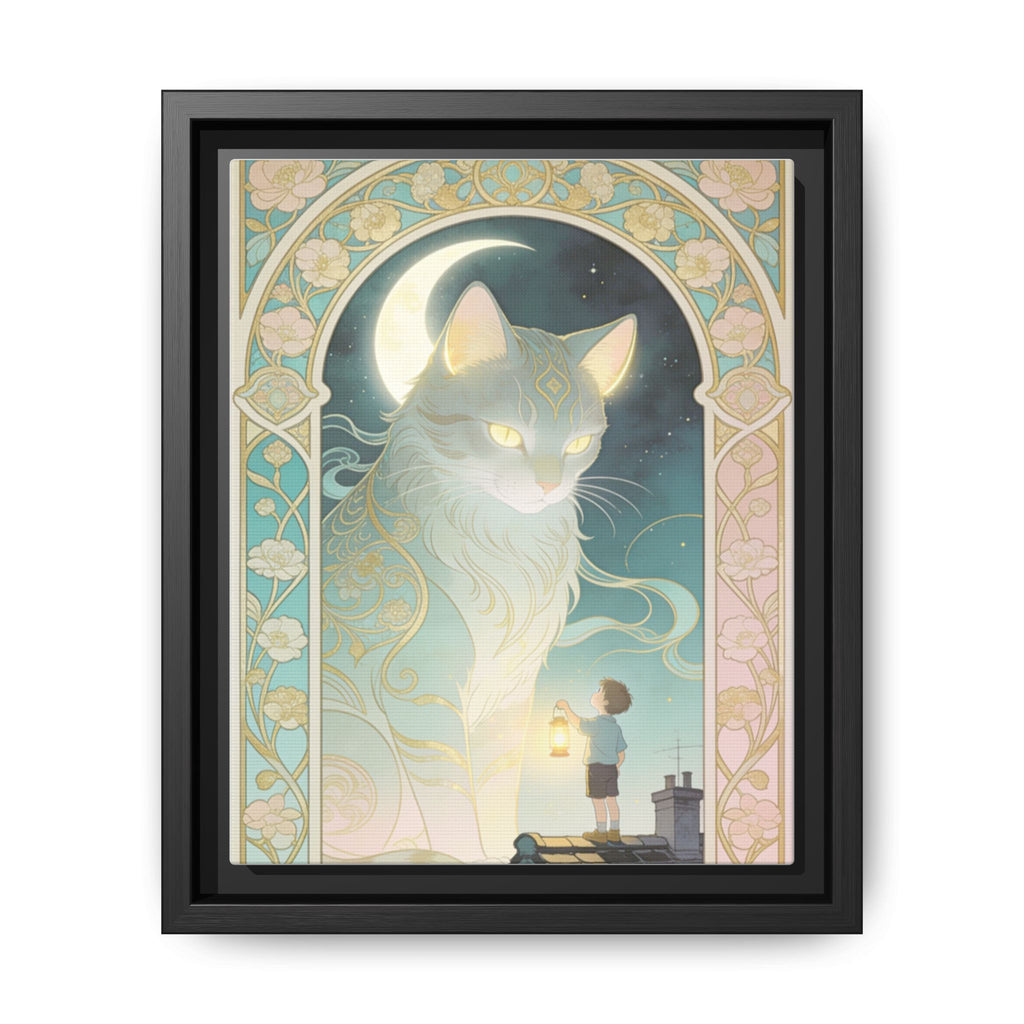 The Lantern Cat & Rooftop Boy - Framed Canvas Print