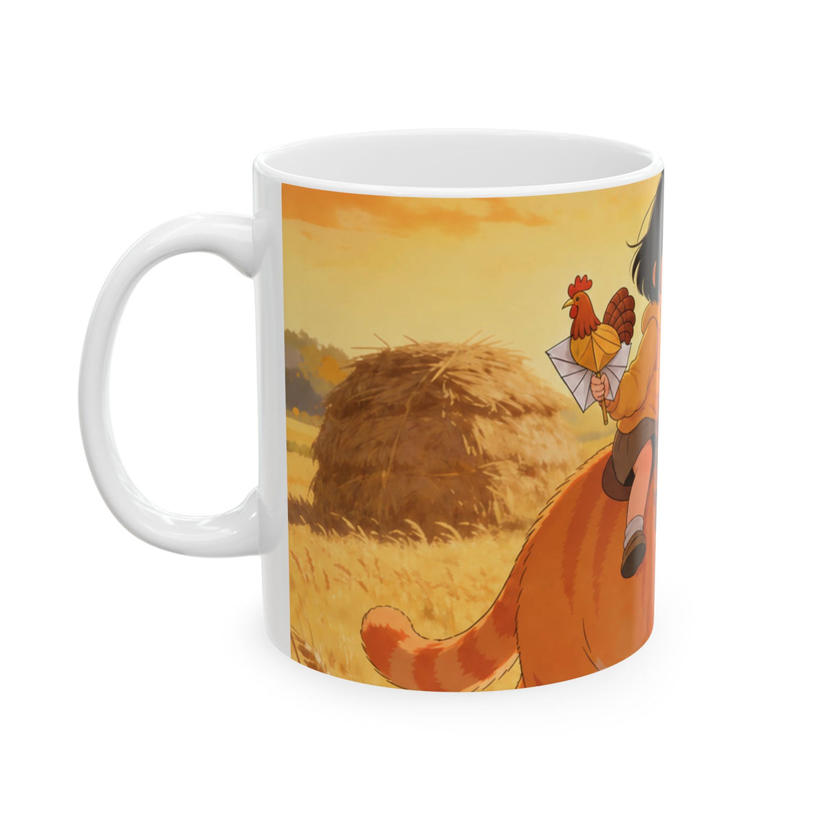 Guarded Through the Harvest — Wheat Walk Mug, Cat & Fawn at Sunset, 11 & 15 oz