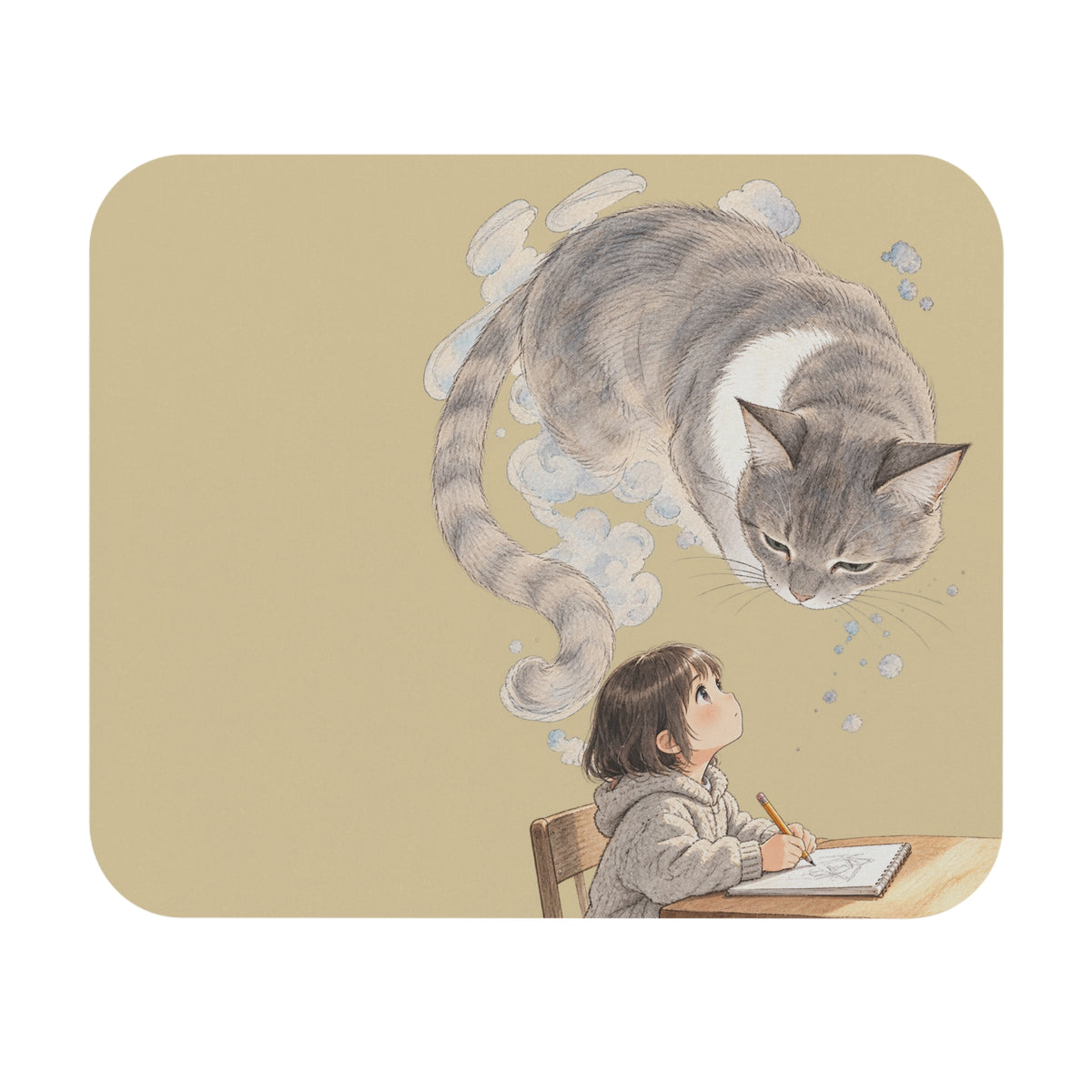 Guarded Dreams — Child & Cat Watercolor Desk Mat
