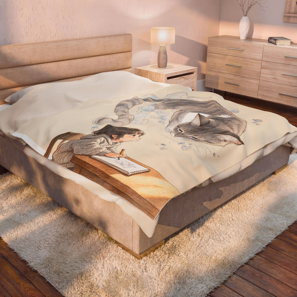 Guarded Dreams — Child & Cat Velveteen Plush Throw Blanket