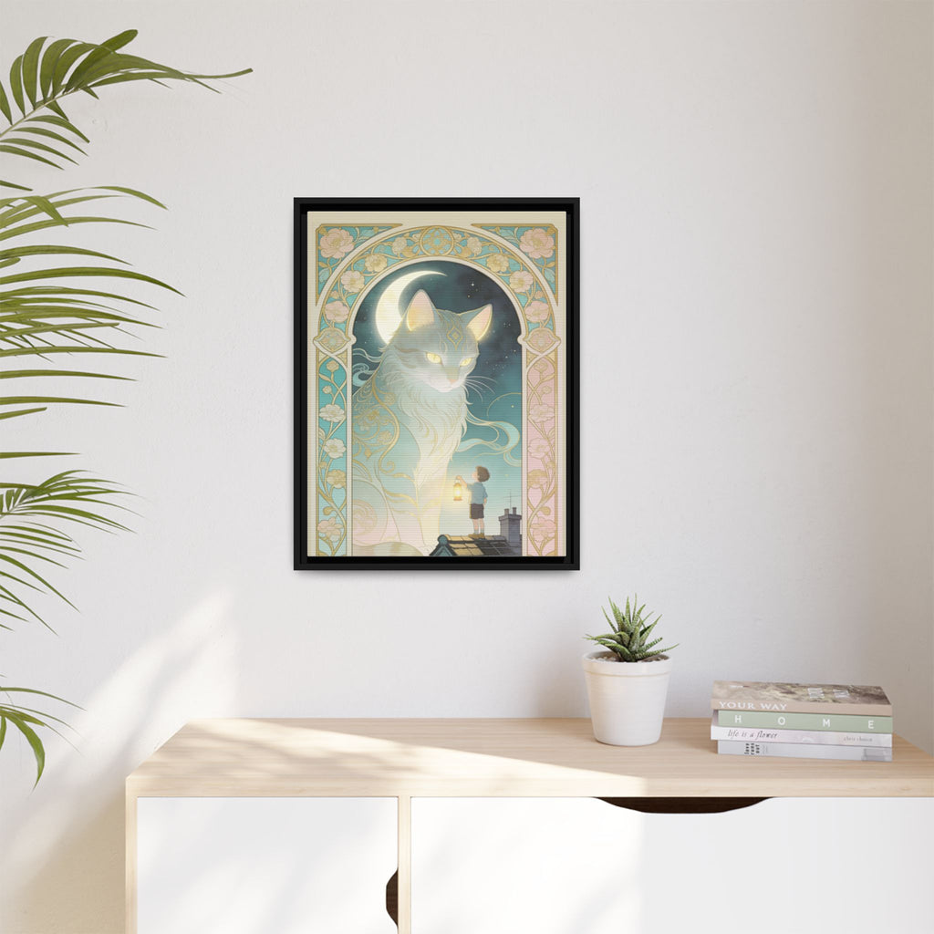 The Lantern Cat & Rooftop Boy - Framed Canvas Print