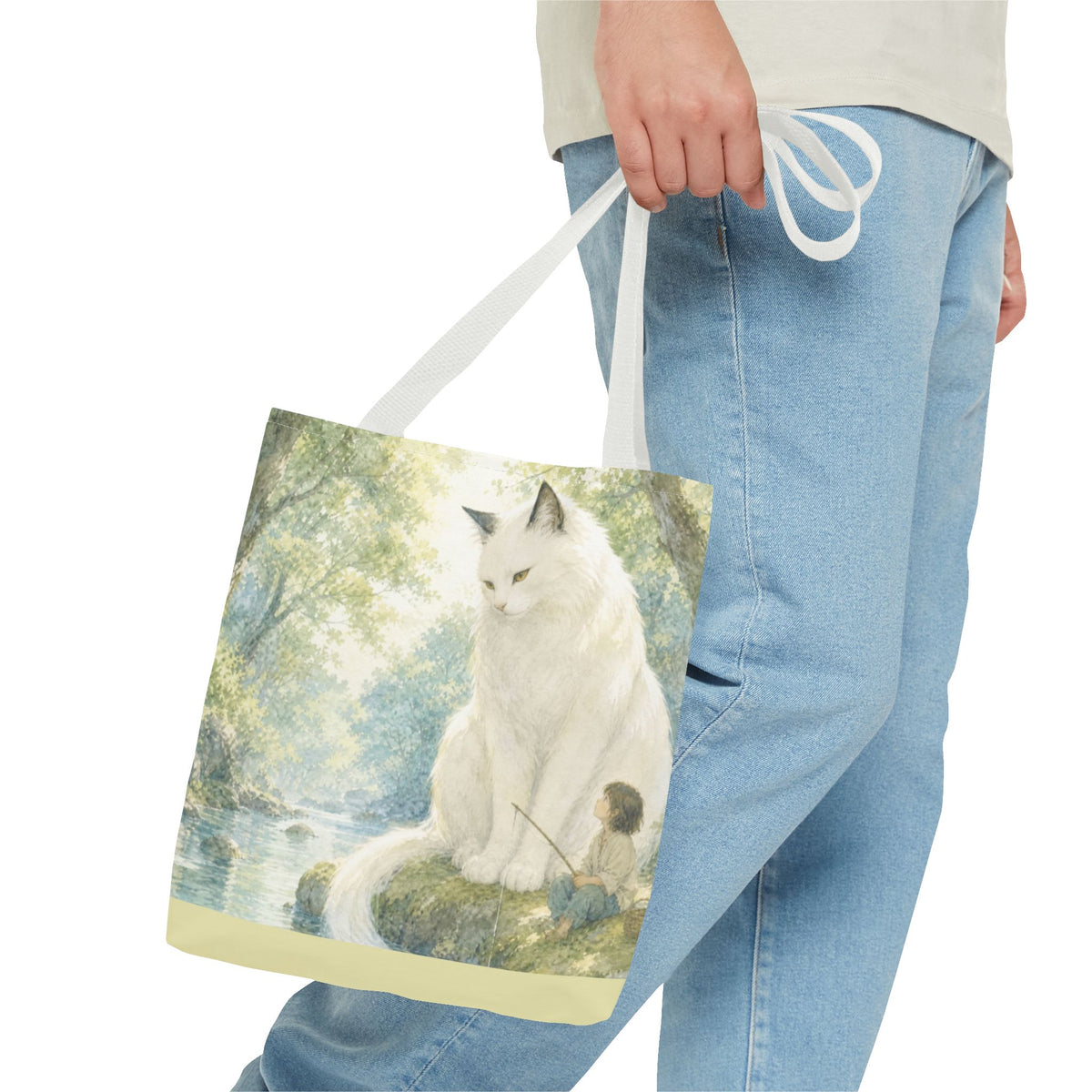 By the Stream, She Watches — Guardian Cat & Child Tote Bag