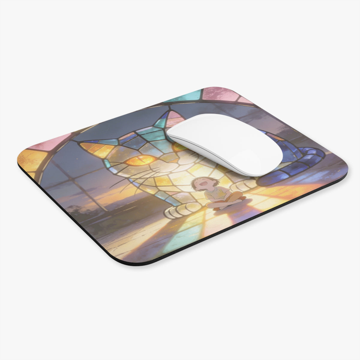 The Little Watcher — Stained Glass Guardian Cat & Child Desk Pad, 9x8