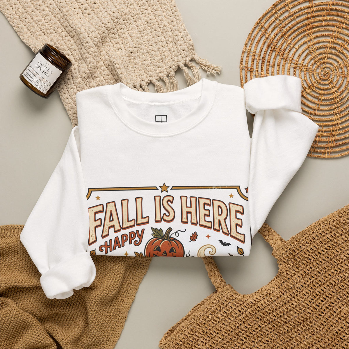 Fall Is Here Cat & Pumpkin Crewneck Sweatshirt