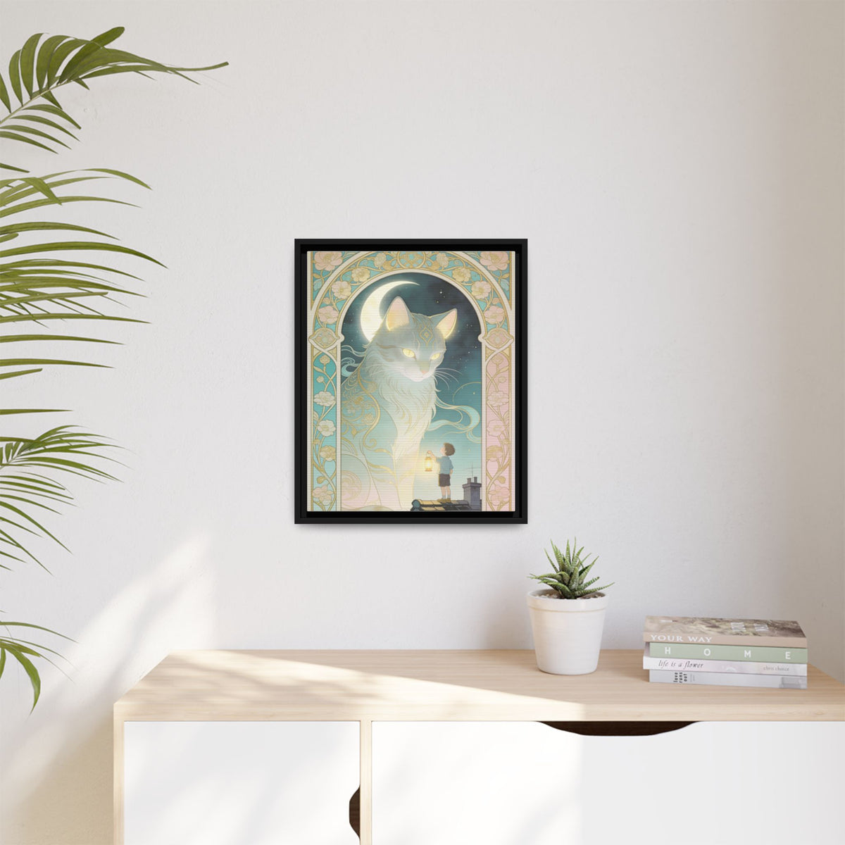 The Lantern Cat & Rooftop Boy - Framed Canvas Print