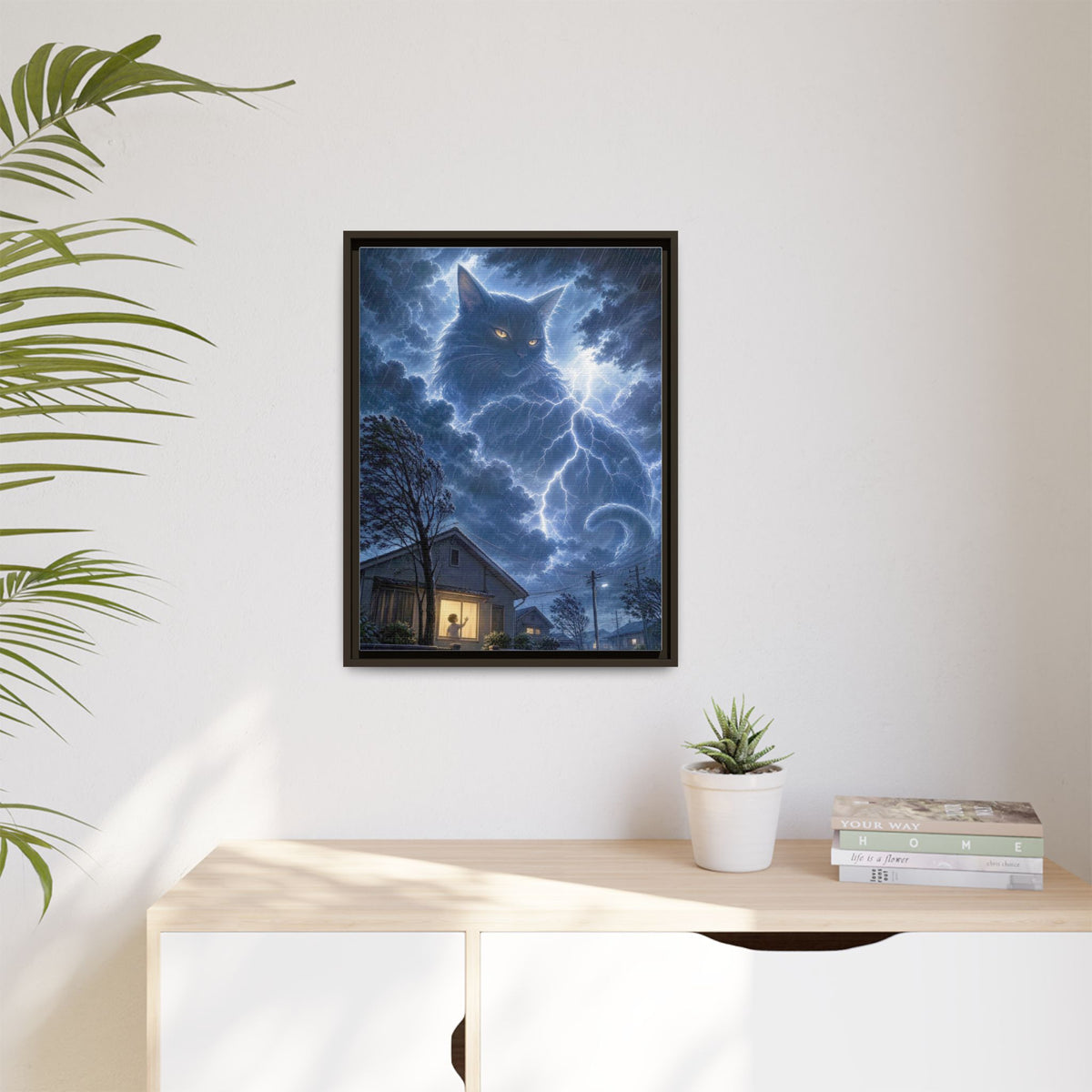 Never Fear the Storm — Lightning Cat Framed Matte Canvas