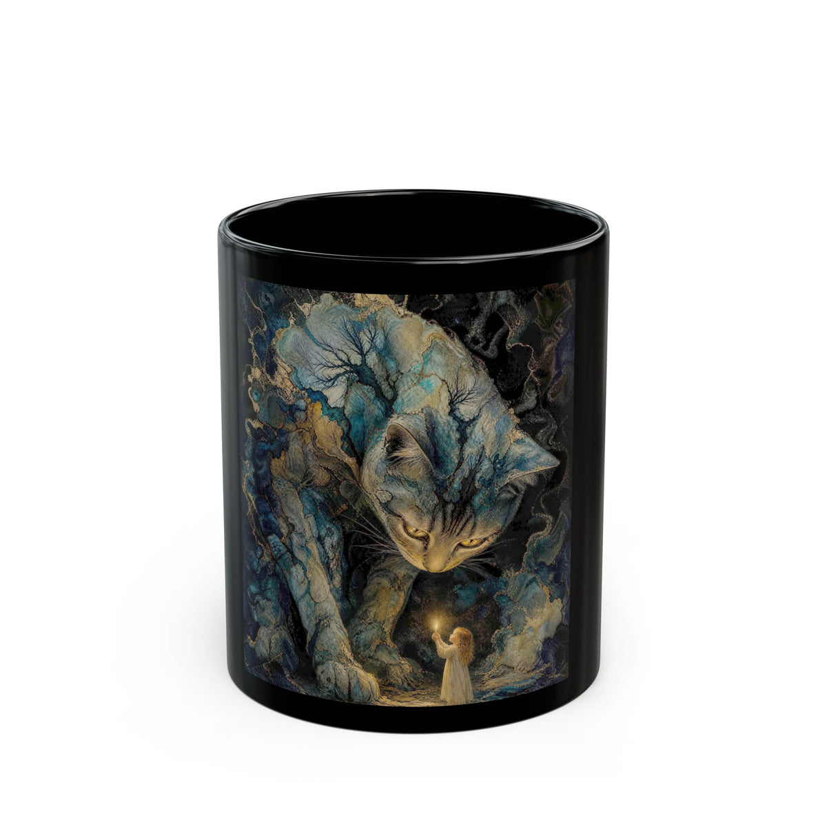 Whispers by Candlelight — Mystical Cat Black Ceramic Mug, 11 or 15 oz