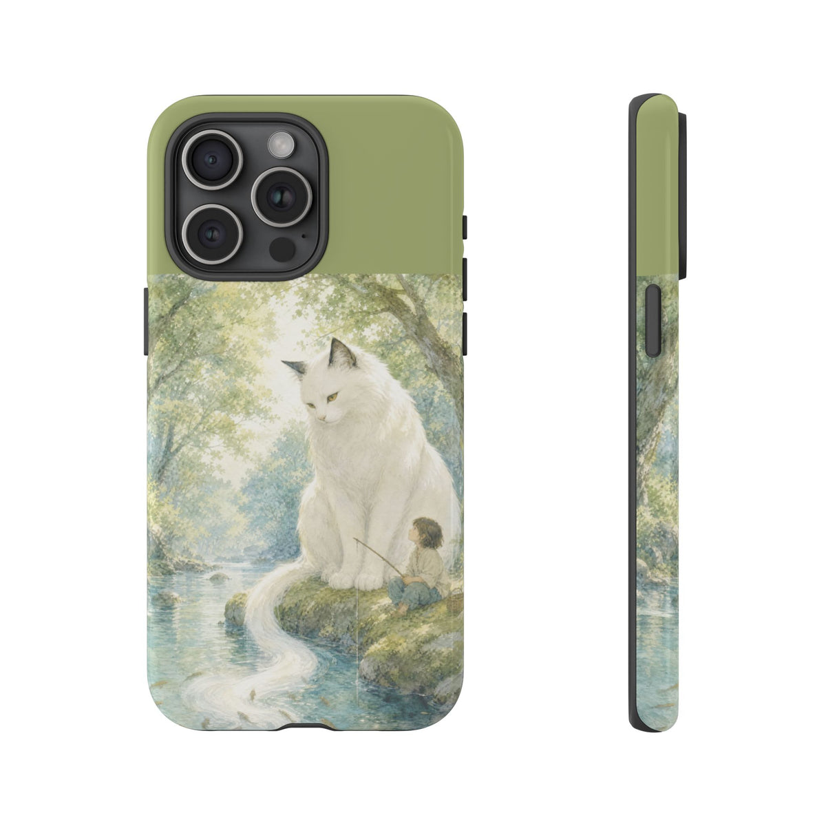 By the Stream, She Watches — Guardian Cat & Child iPhone Case