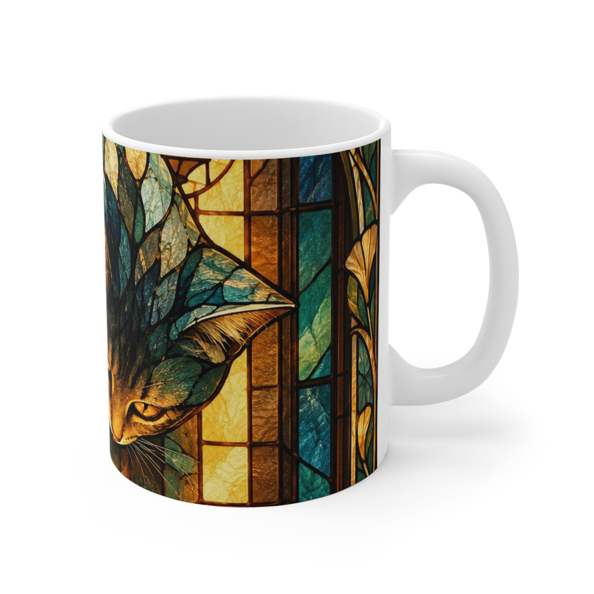 Glasslight Watch — Stained Glass Guardian Cat Ceramic Mug, 11 oz