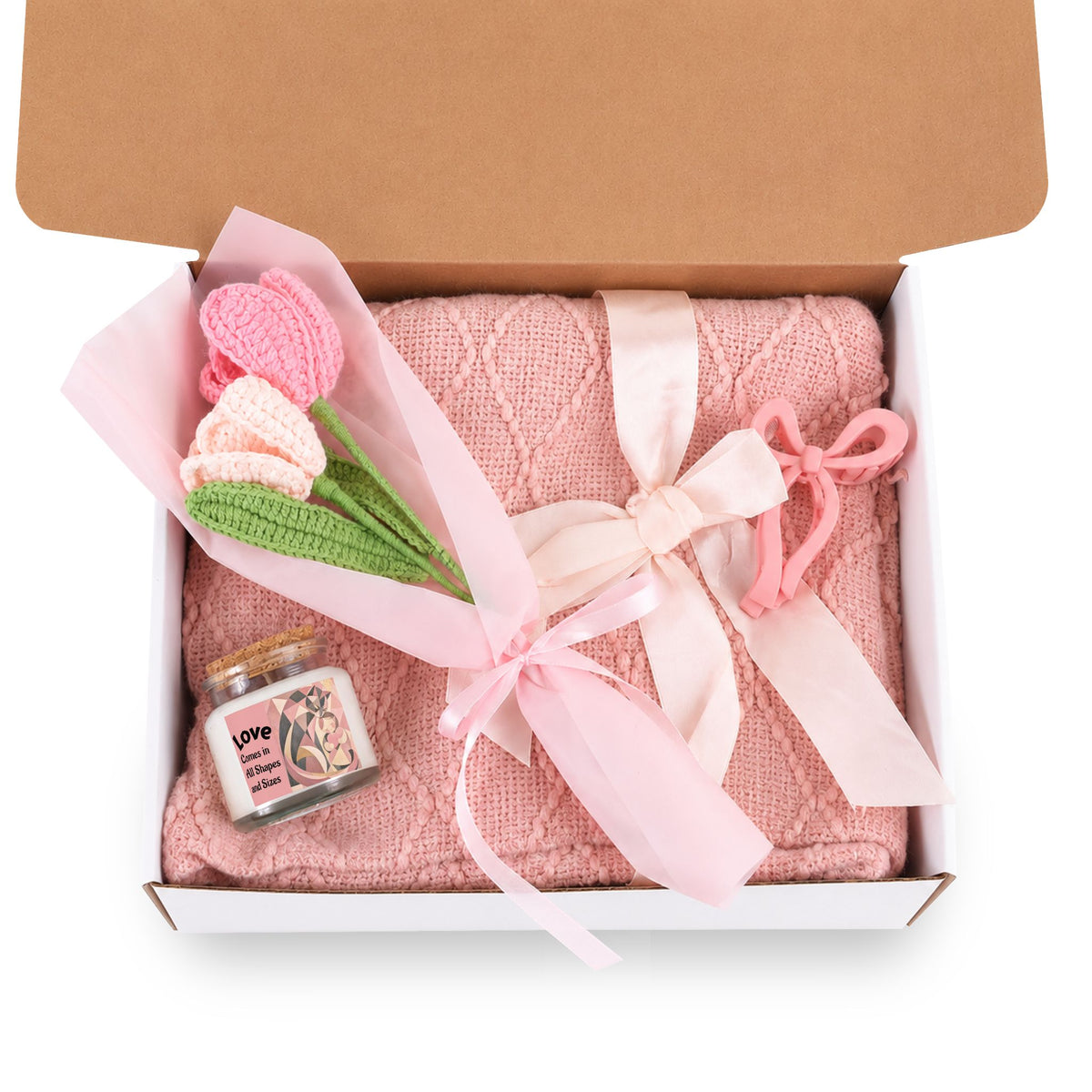 The Whole Nest, Guarded — Geometric Gift Set: Candle, Flowers, Throw & Bow Clip