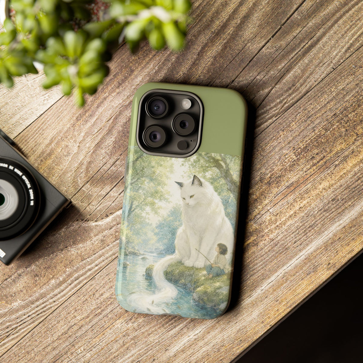 By the Stream, She Watches — Guardian Cat & Child iPhone Case