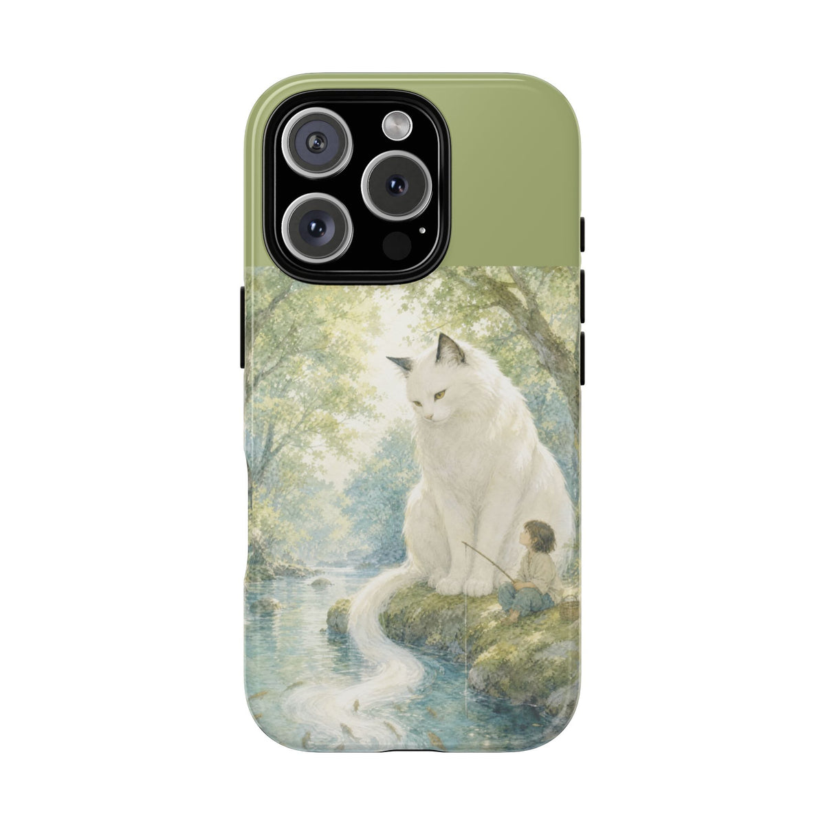 By the Stream, She Watches — Guardian Cat & Child iPhone Case