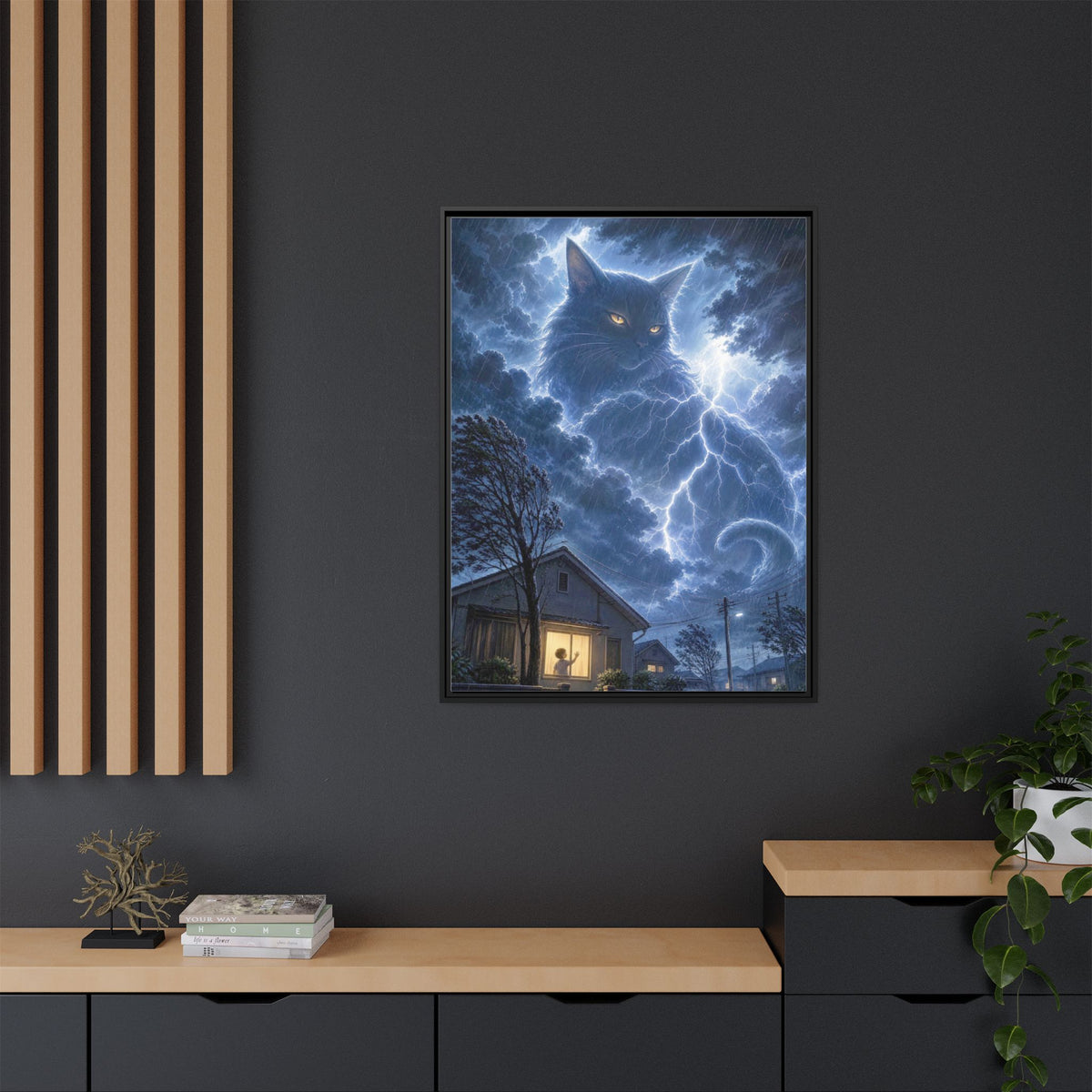 Never Fear the Storm — Lightning Cat Framed Matte Canvas