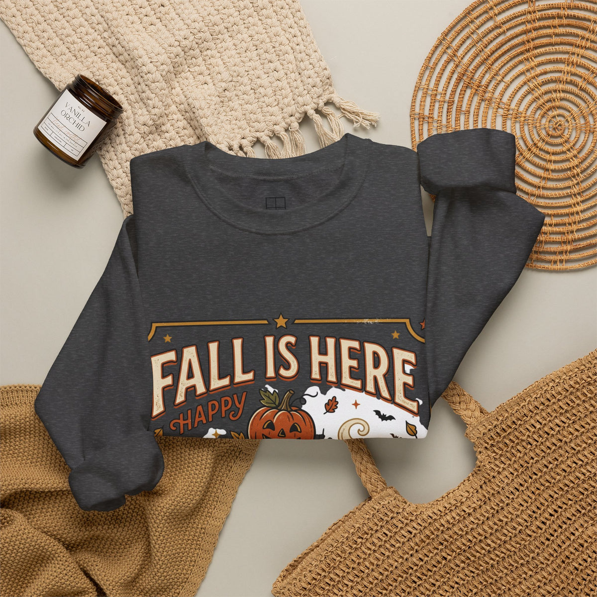 Fall Is Here Cat & Pumpkin Crewneck Sweatshirt