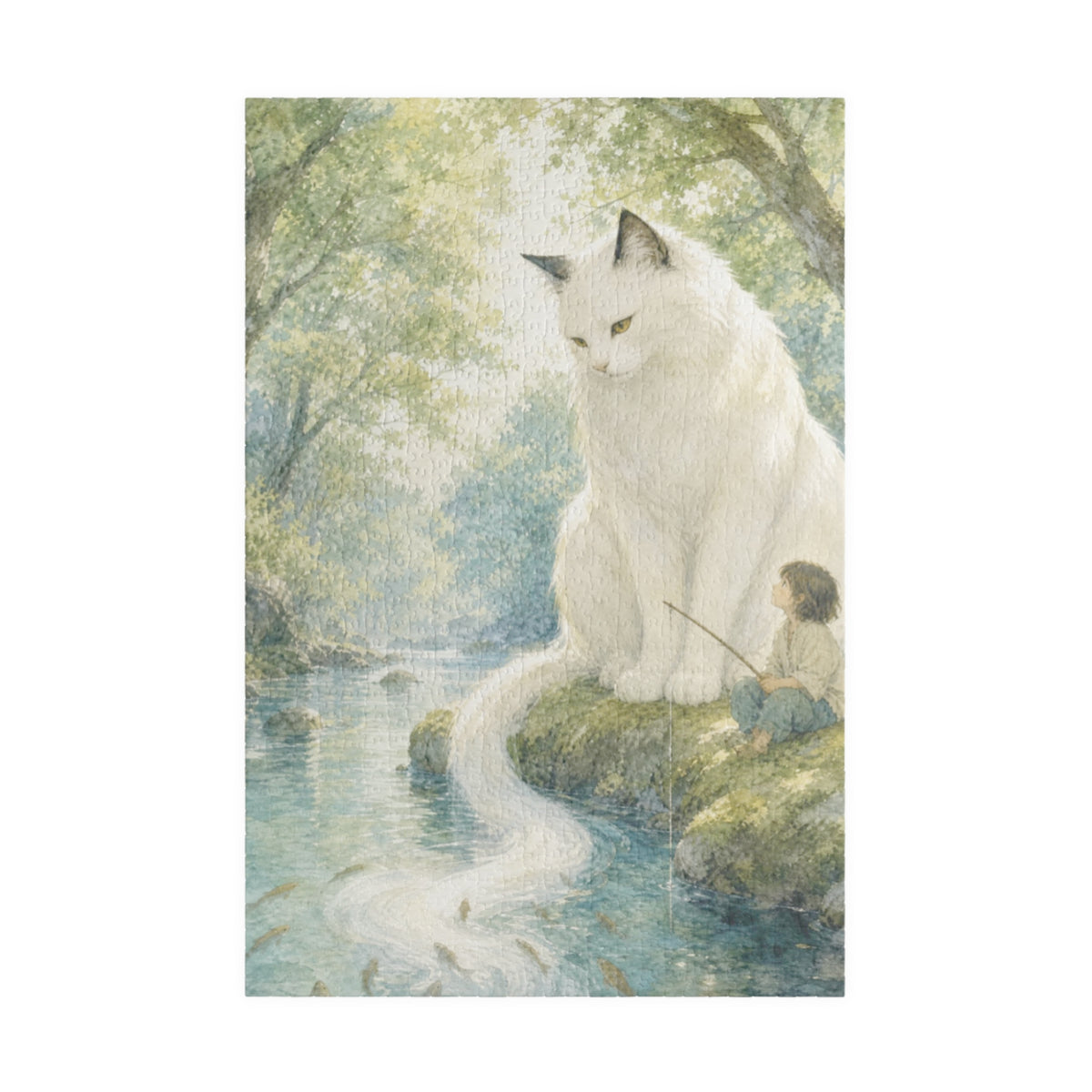 By the Stream, She Watches — Guardian Cat & Child Jigsaw Puzzle
