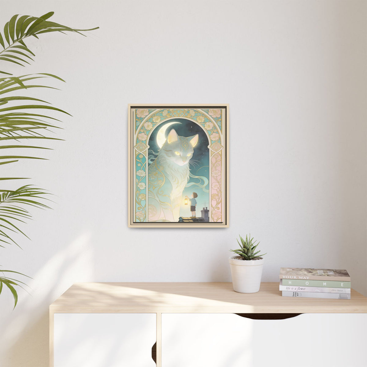 The Lantern Cat & Rooftop Boy - Framed Canvas Print
