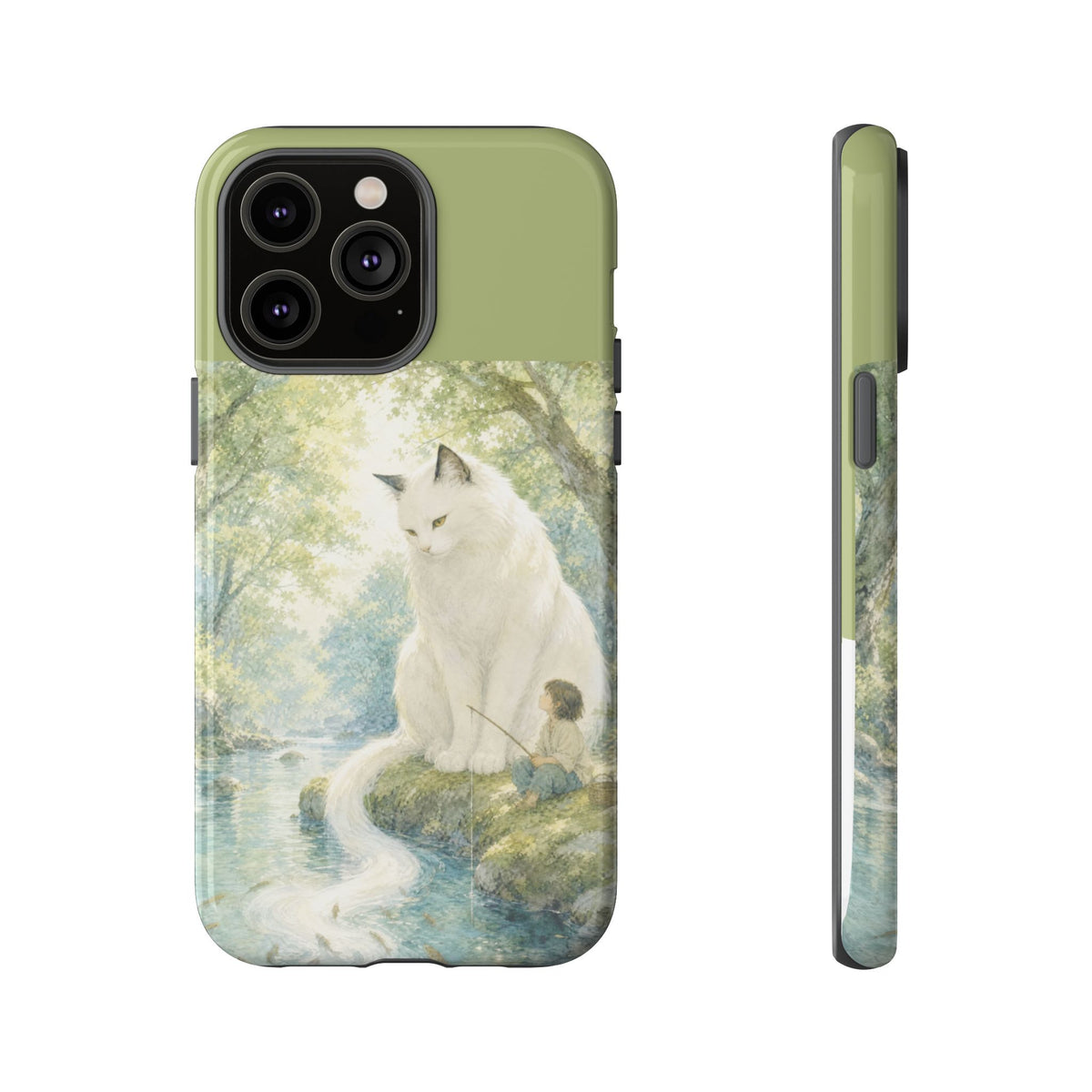 By the Stream, She Watches — Guardian Cat & Child iPhone Case