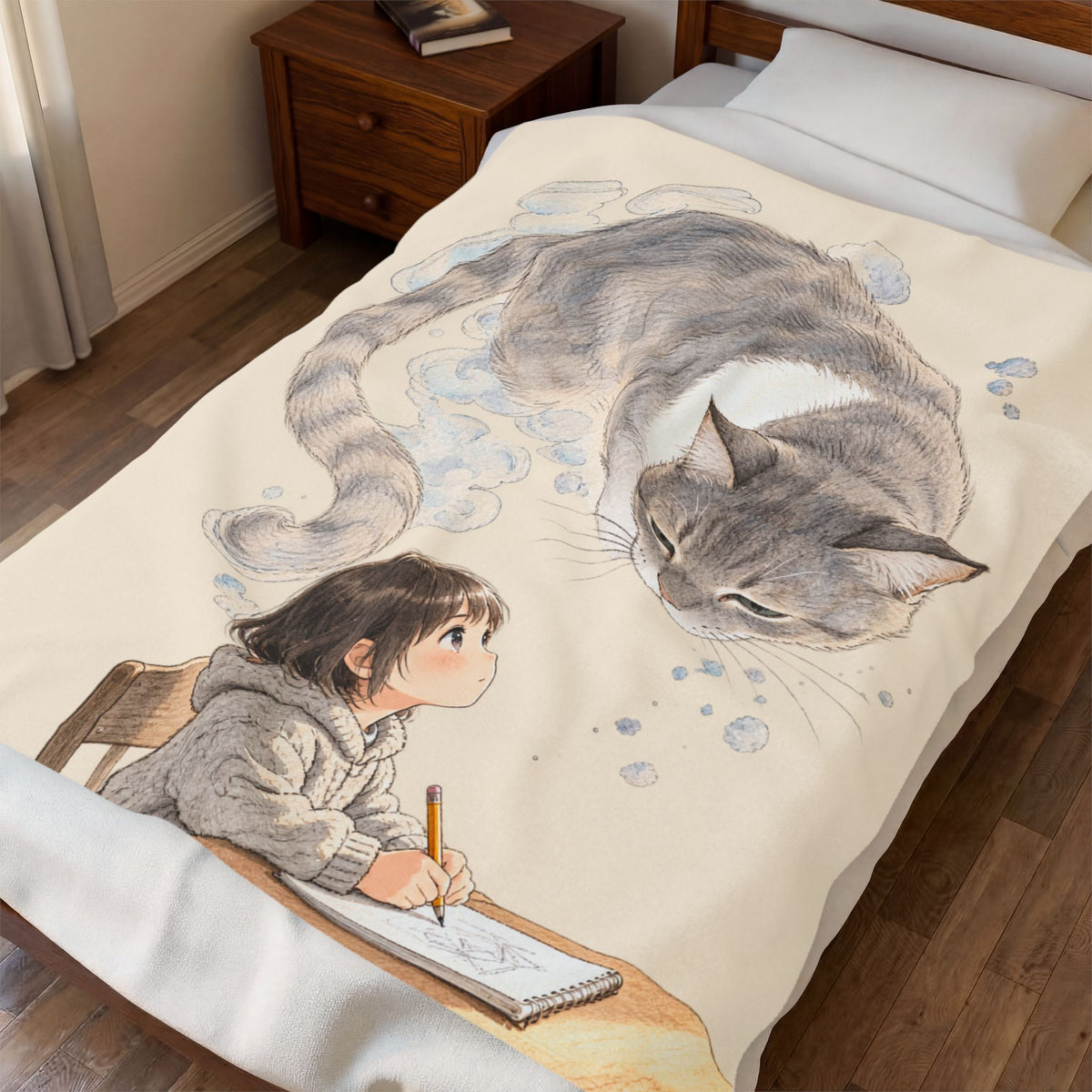 Guarded Dreams — Child & Cat Velveteen Plush Throw Blanket