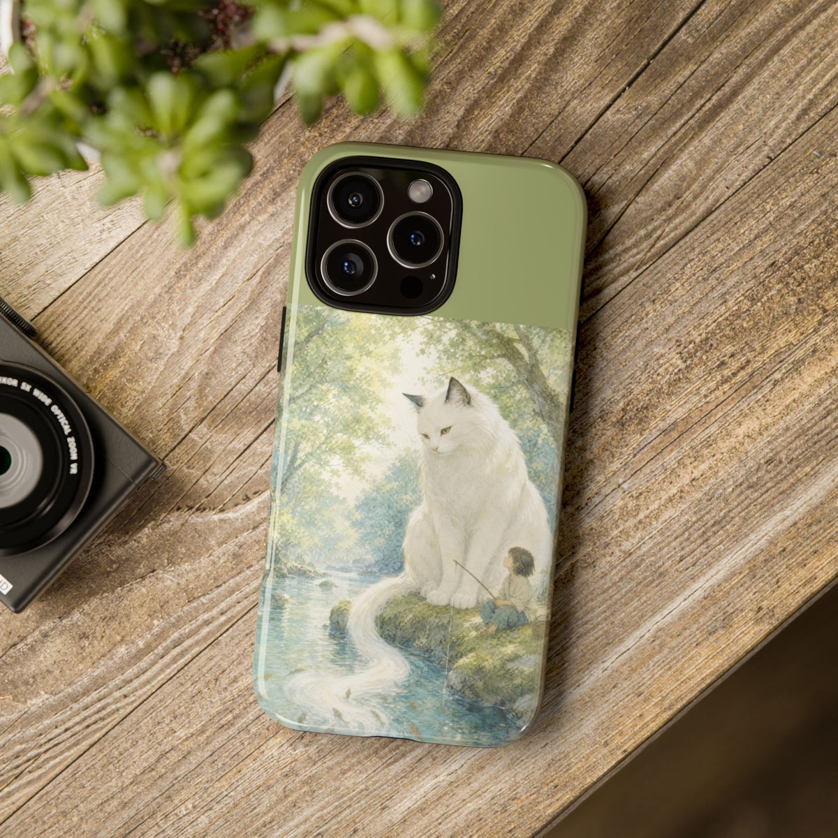 By the Stream, She Watches — Guardian Cat & Child iPhone Case