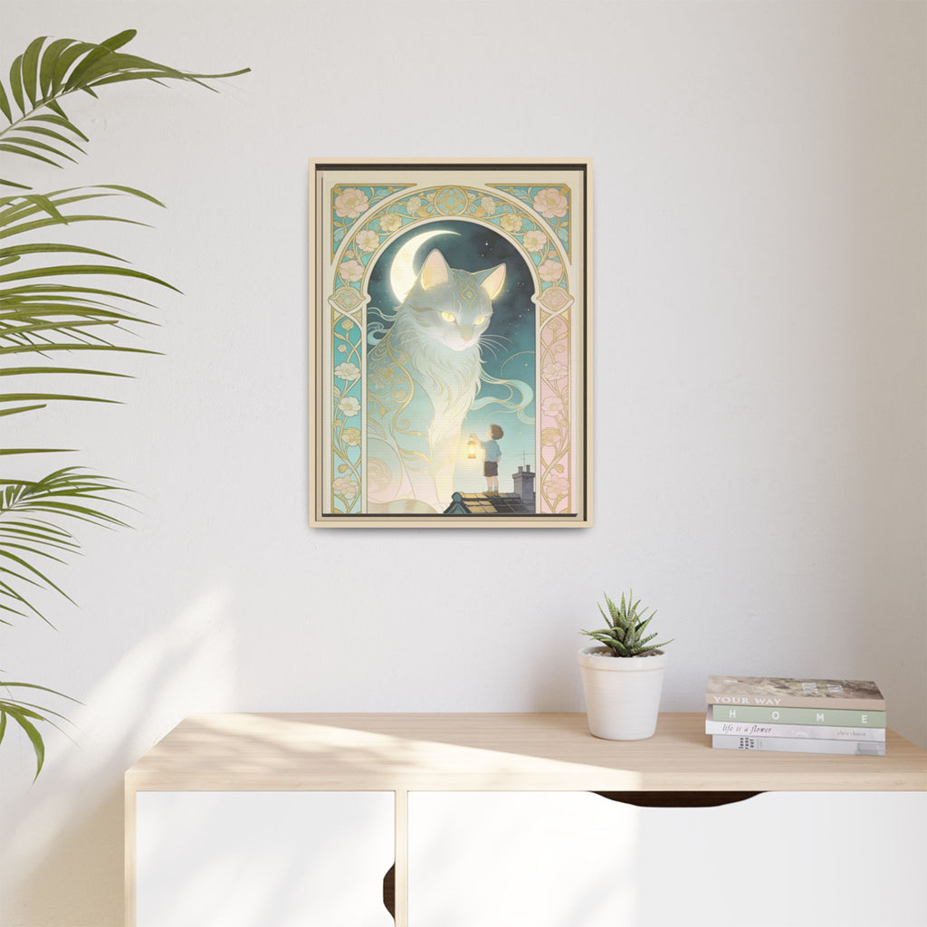 The Lantern Cat & Rooftop Boy - Framed Canvas Print