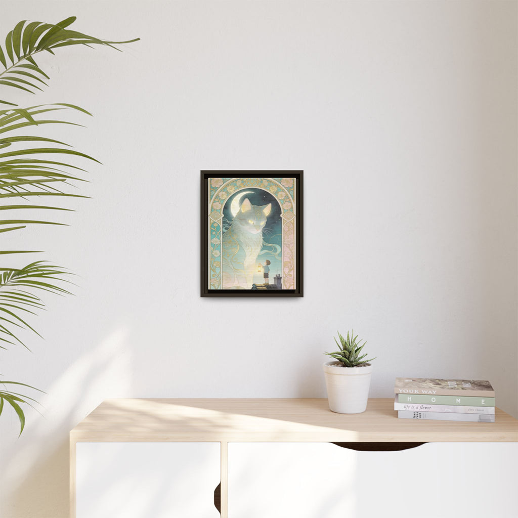 The Lantern Cat & Rooftop Boy - Framed Canvas Print