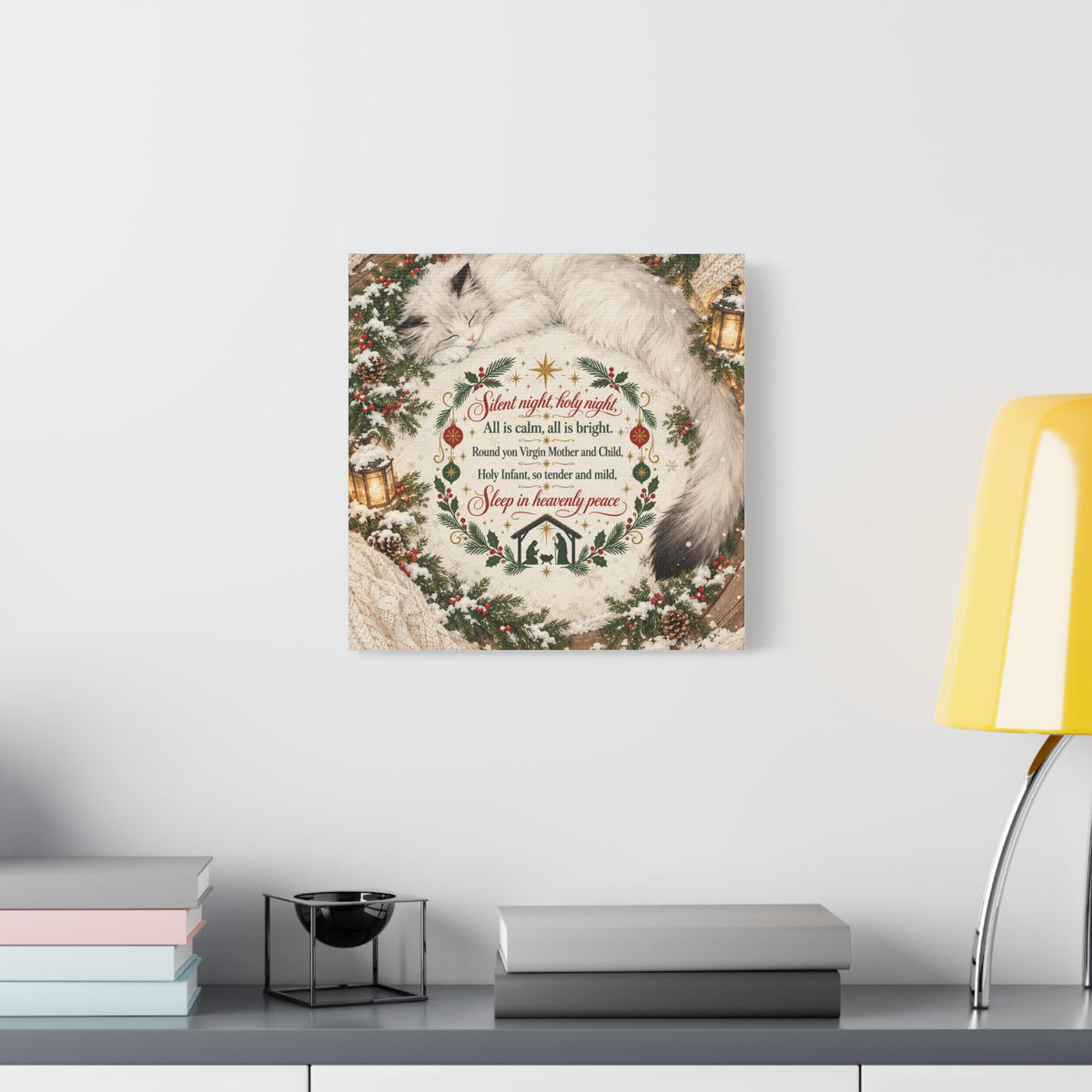 Silent Night Carol — Christmas Cat Nativity Canvas Wall Art
