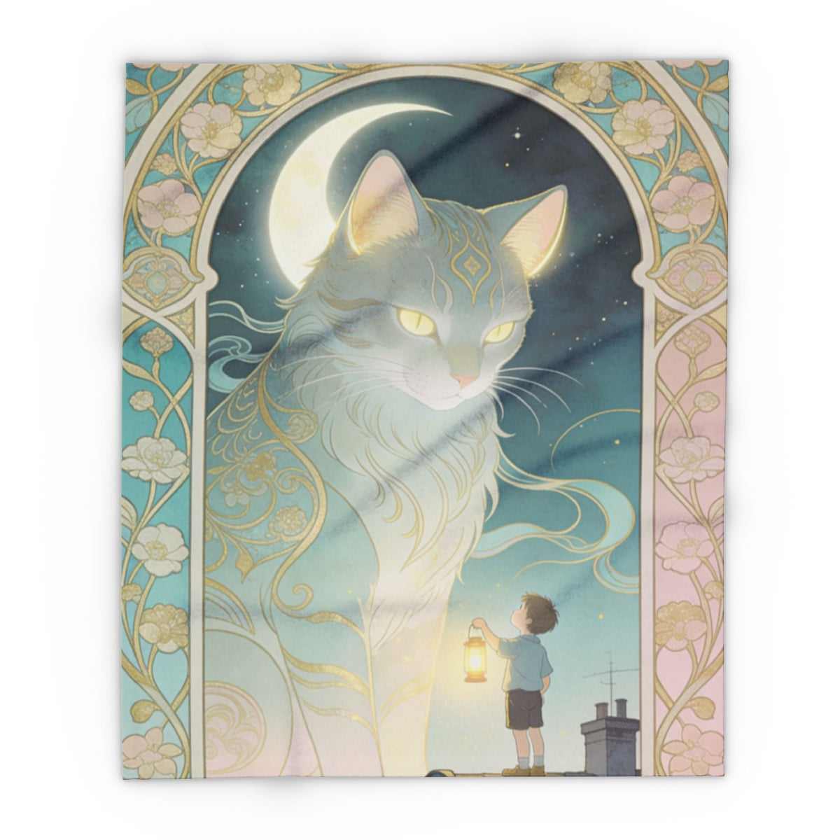 The Lantern Cat & Rooftop Boy - Fleece Blanket