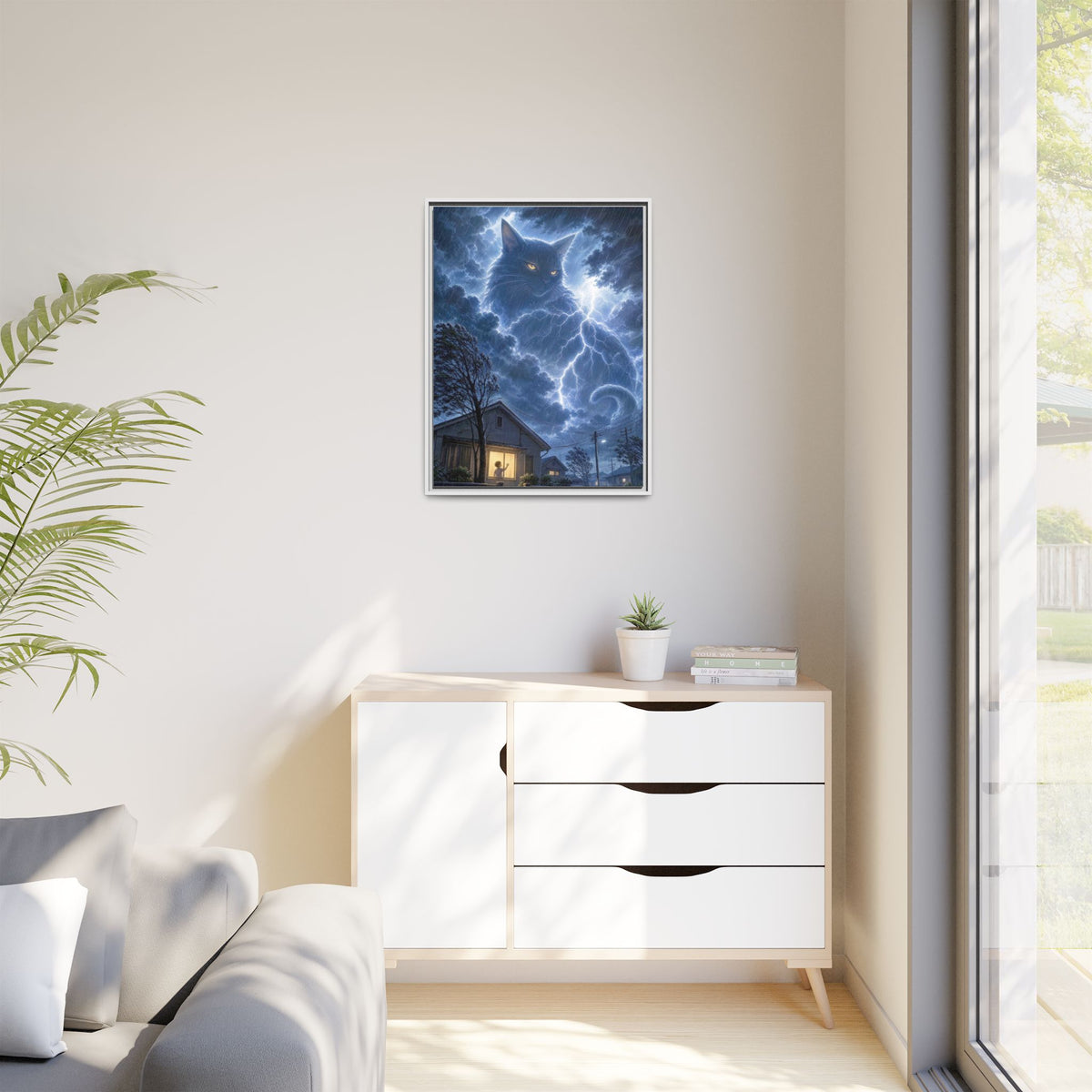 Never Fear the Storm — Lightning Cat Framed Matte Canvas
