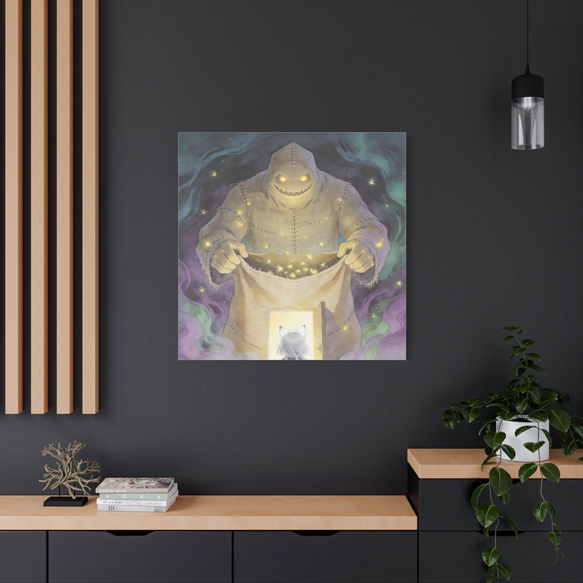 Nothing Gets Past Him — Halloween Night Guardian Canvas, Monster & Cat Doorway Art