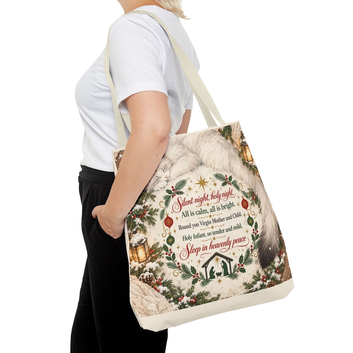 Silent Night Carol — Two-Sided Holiday Tote (Happy Holidays Snowy Wreath)