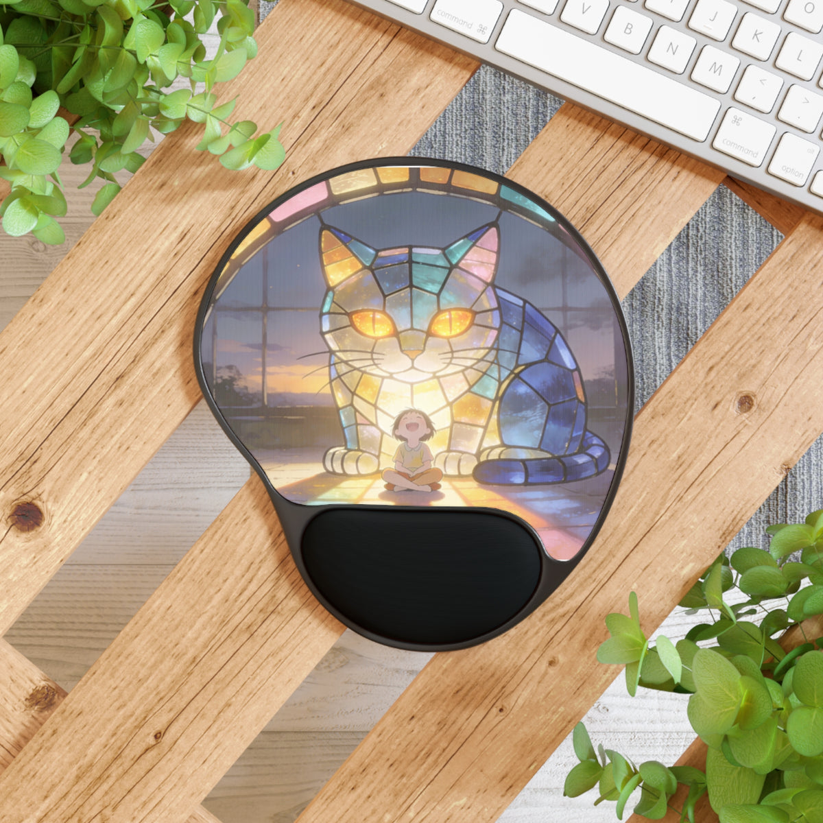 Glasswork Guardian — Stained Glass Cat Desk Pad with Wrist Rest