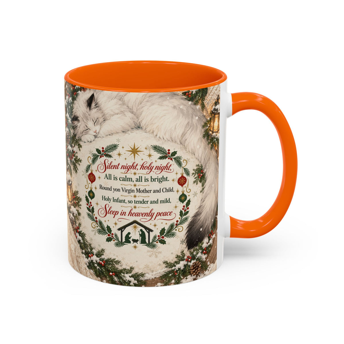 Silent Night Carol — Christmas Cat Accent Mug (11oz / 15oz)