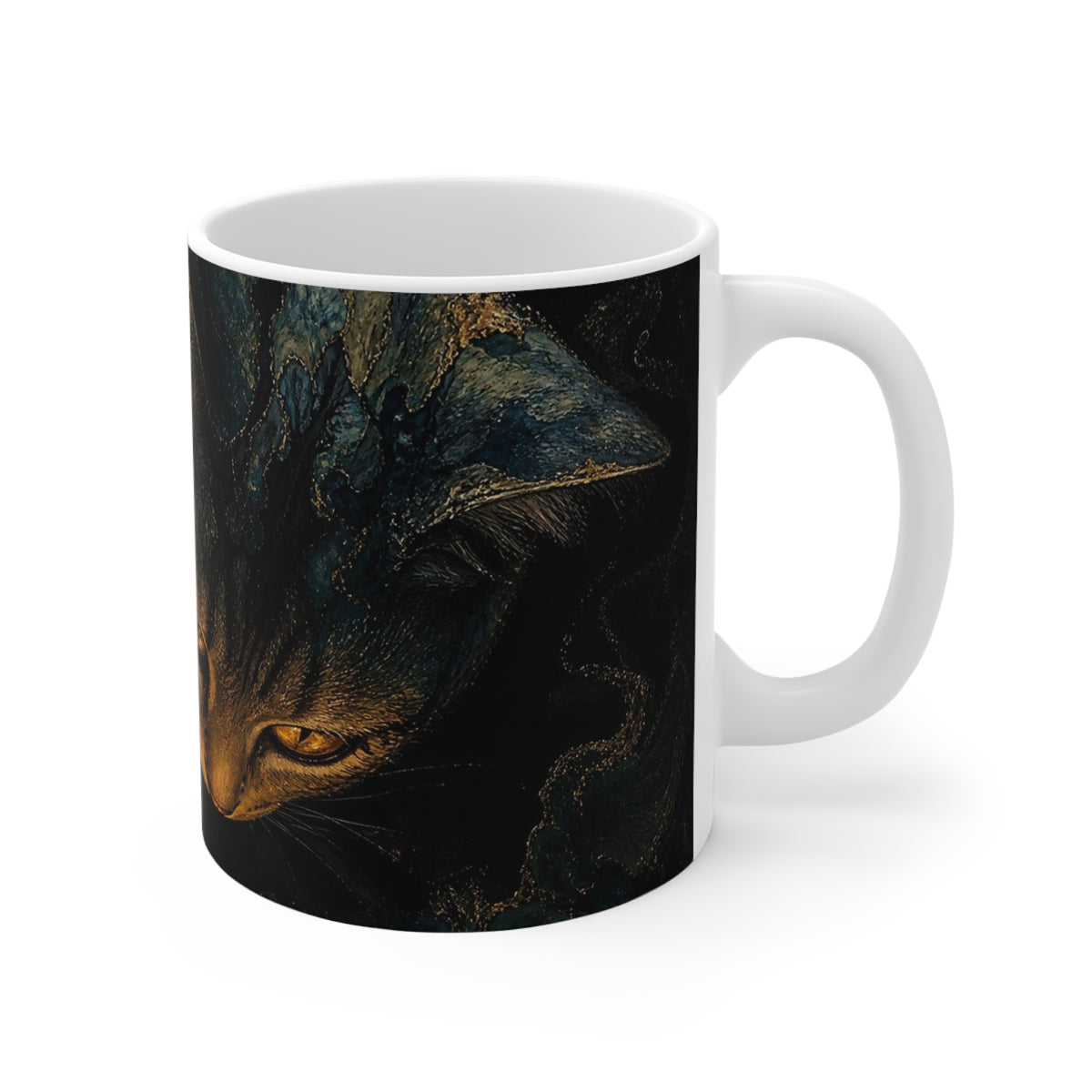 The Ink Guardian — Brushstroke Cat Ceramic Mug, 11 oz