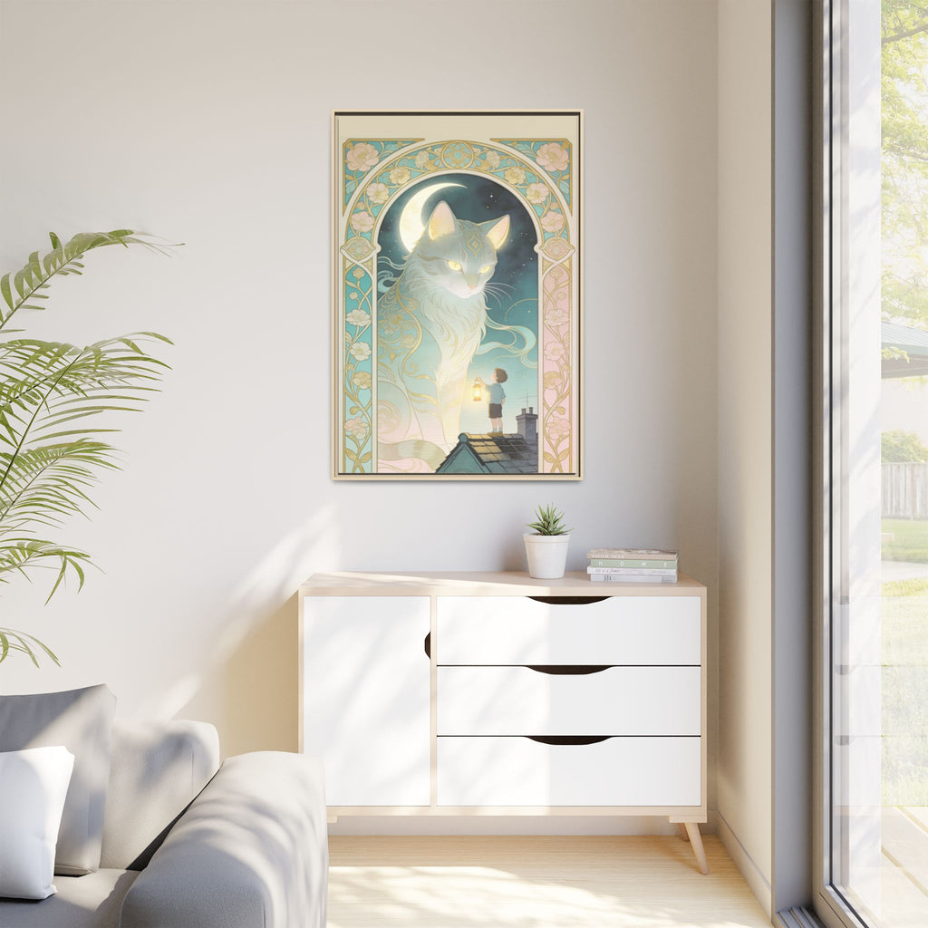 The Lantern Cat & Rooftop Boy - Framed Canvas Print
