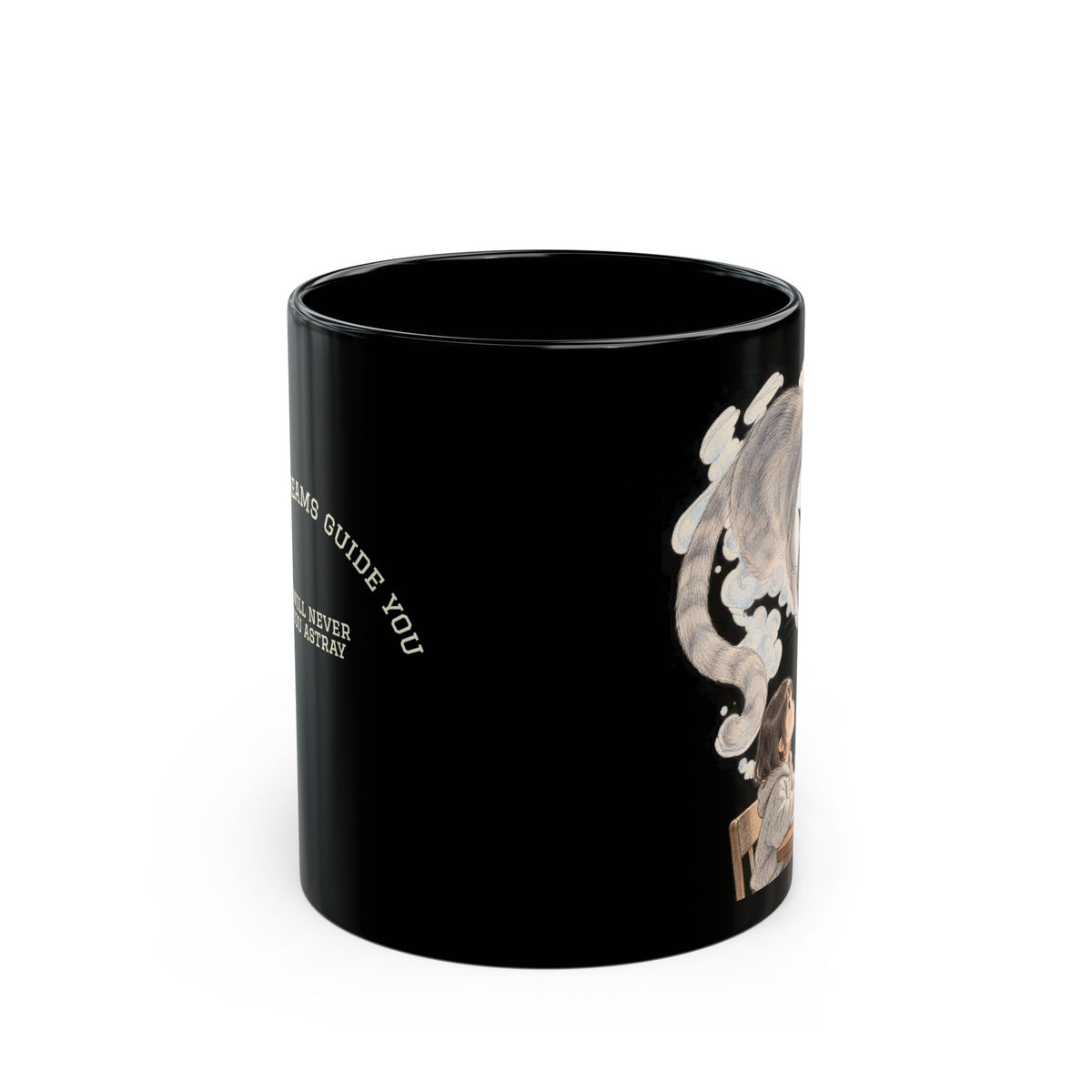Guarded Dreams — Black Ceramic Mug, Child & Cat, 11 or 15 oz